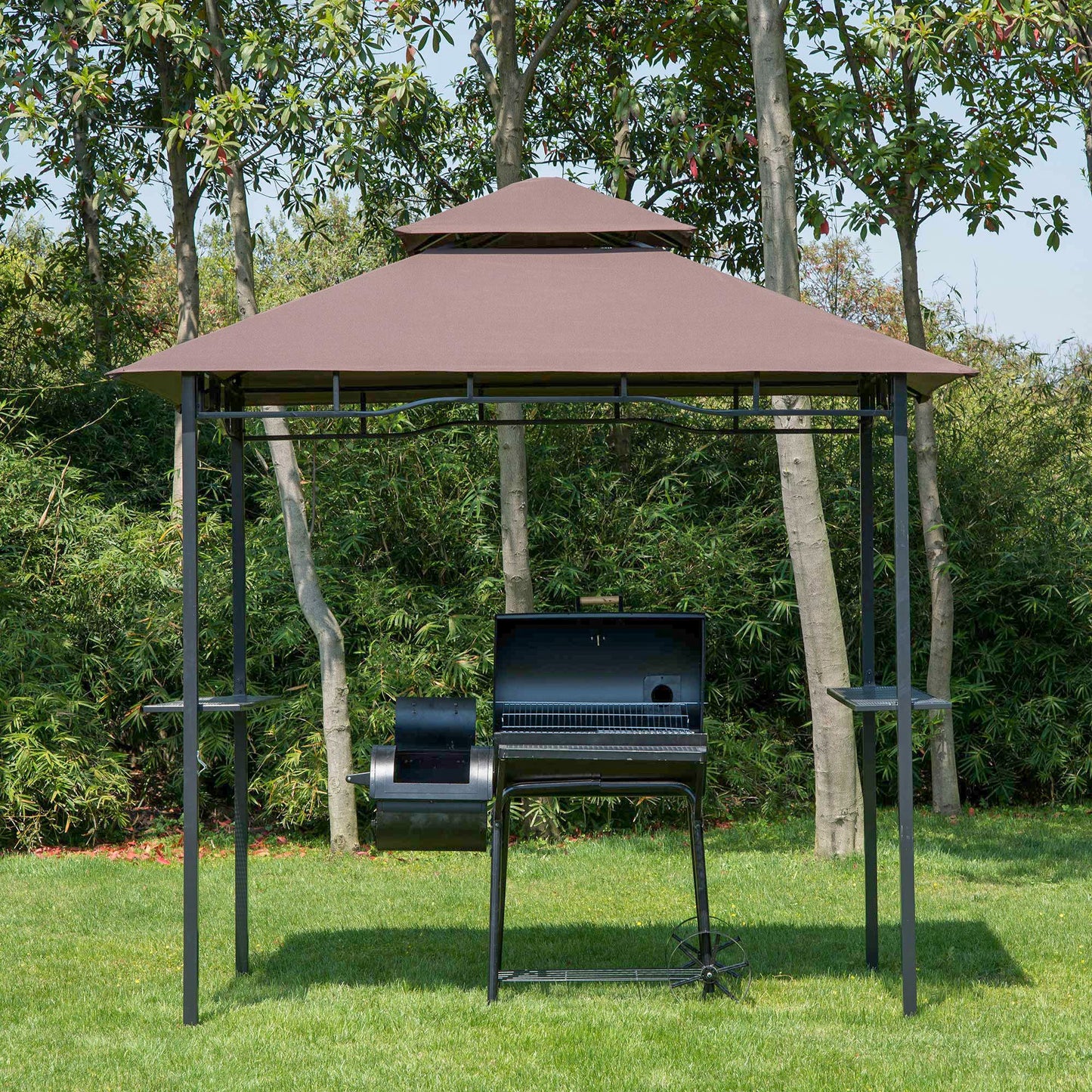 2.5M 8ft New Double-Tier BBQ Gazebo Grill Canopy Barbecue Tent Shelter Patio Deck Cover - Coffee