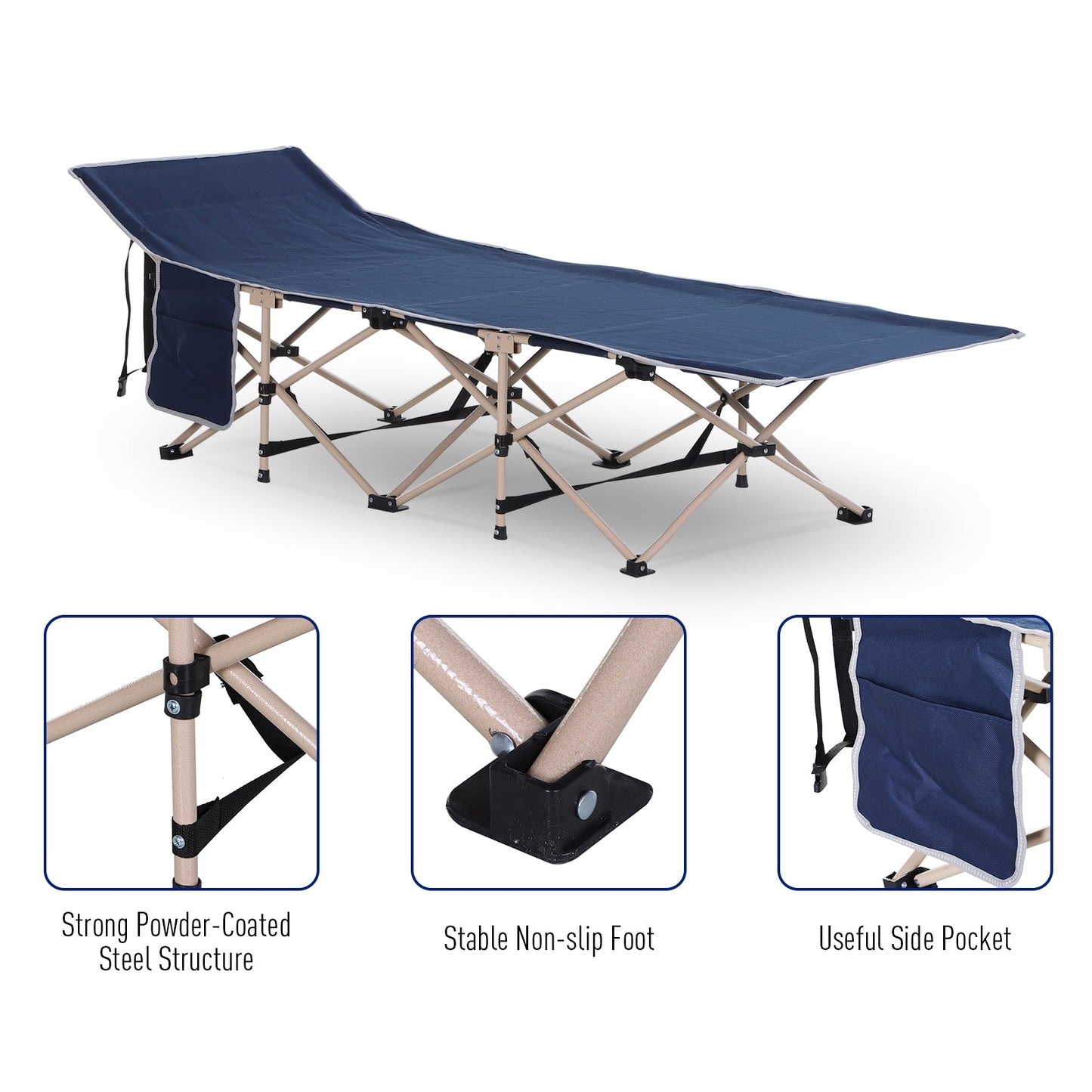 Single Person Camping Bed Folding Cot Outdoor Patio Portable Military Sleeping Bed Travel Guest Leisure Fishing with Side Pocket and Carry Bag - Blue