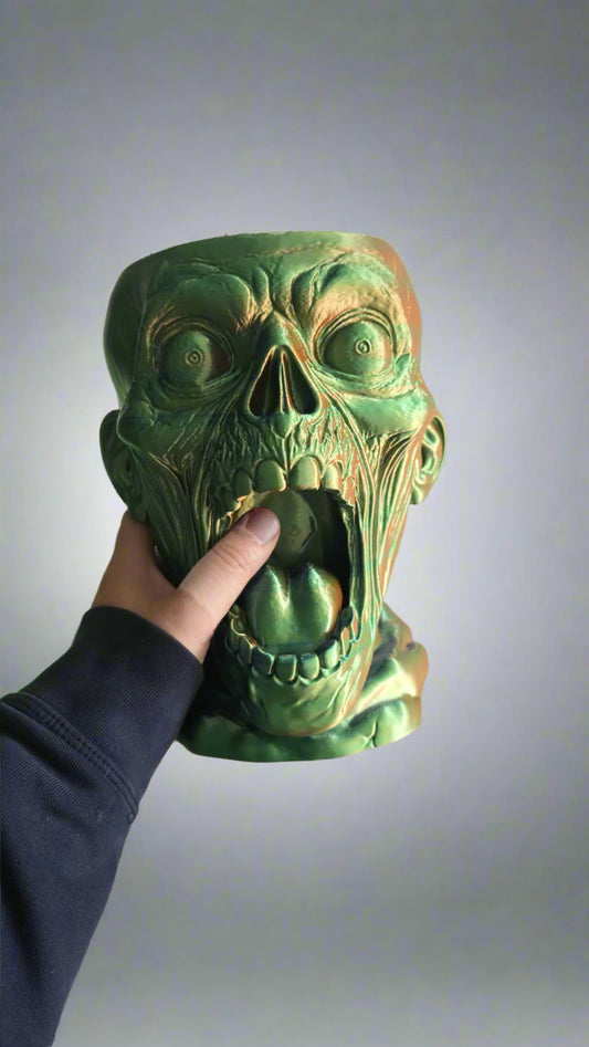 Close-up of 3D printed zombie skull bowl showing realistic textures