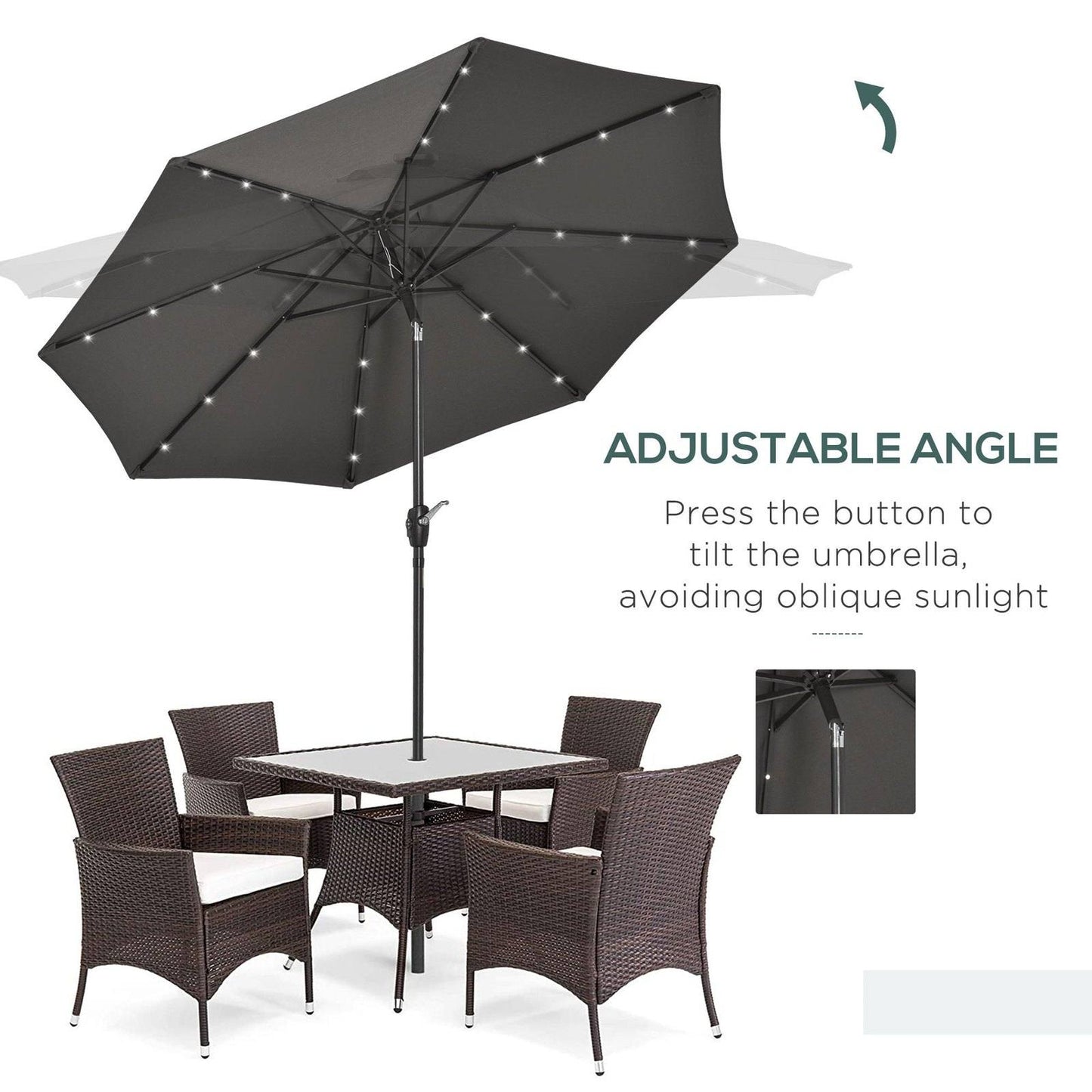 Garden Parasol Outdoor Tilt Sun Umbrella Patio 24 LED Light Hand Crank Grey