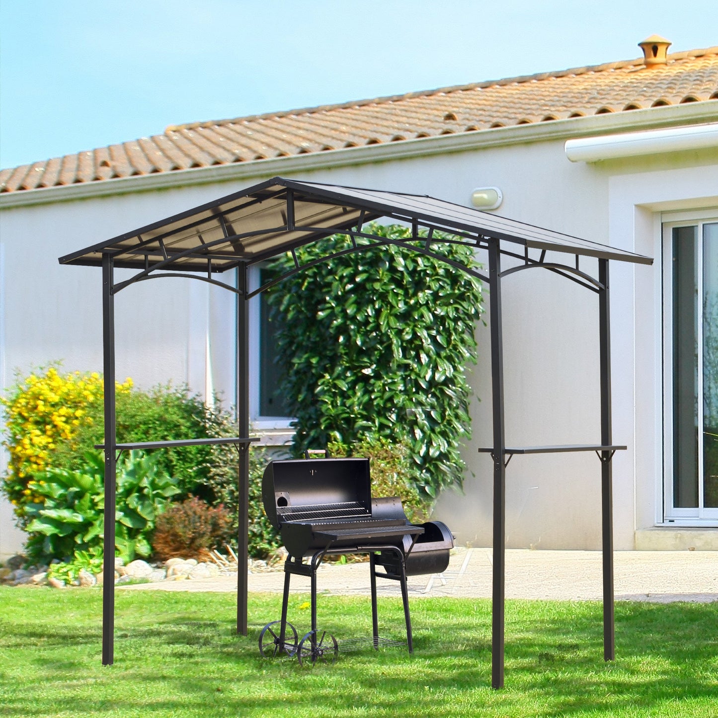 2.5 x 1.5m Outdoor Grill BBQ Gazebo Canopy with Side Shelves PC Roof Aluminium