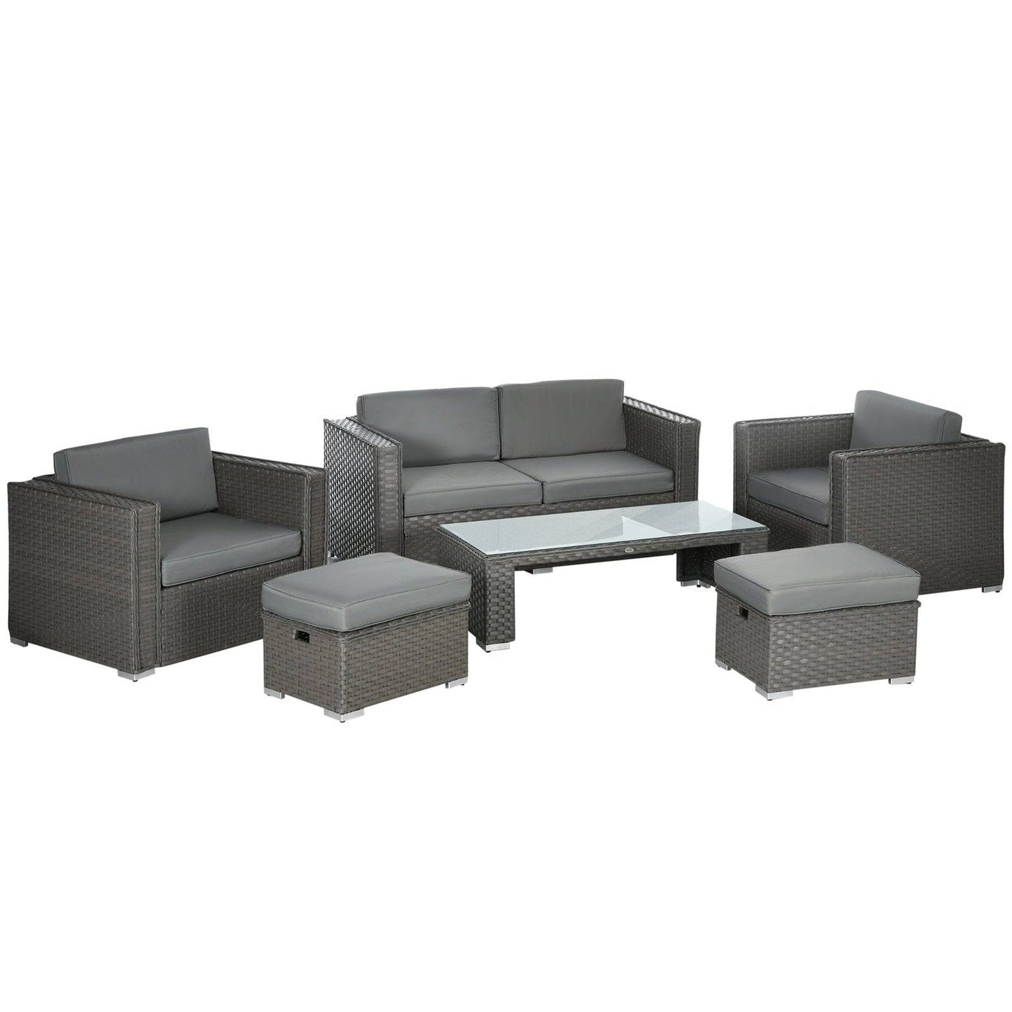 6-Piece Garden Rattan Sofa Set Bonzer Outdoor Furniture Patio Table Loveseat Stool Lounging Ottoman Aluminium Frame Wicker Weave Conservatory Grey