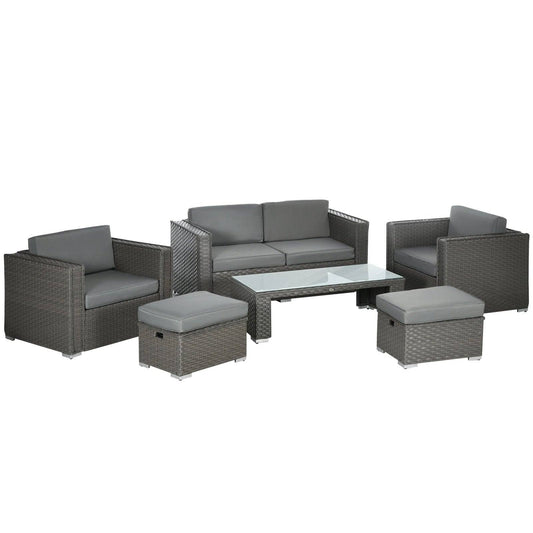 6-Piece Garden Rattan Sofa Set Bonzer Outdoor Furniture Patio Table Loveseat Stool Lounging Ottoman Aluminium Frame Wicker Weave Conservatory Grey