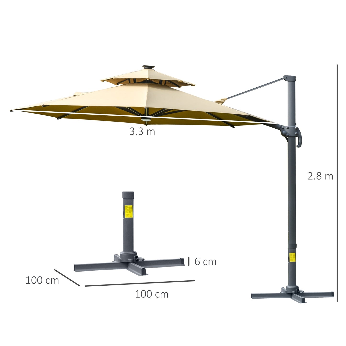 3m Cantilever Parasol w/ Solar Lights Power Bank Base 360° Spin Khaki