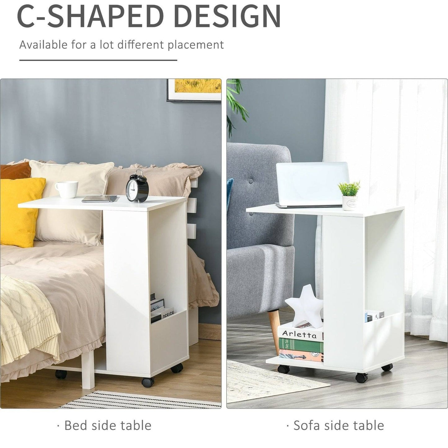 Mobile Sofa Side Table C-Shape End Table with Storage and Casters for Laptop Coffee Snack
