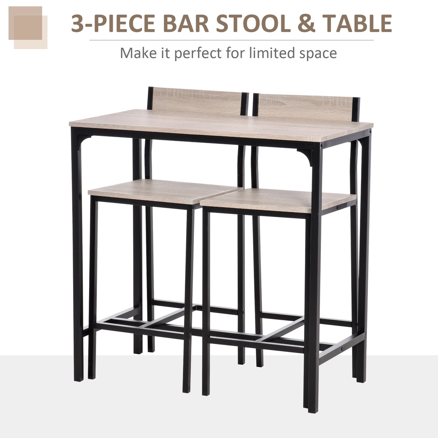 Metal Frame Medium-density fibreboard Top Table & Bar Stool Set Black