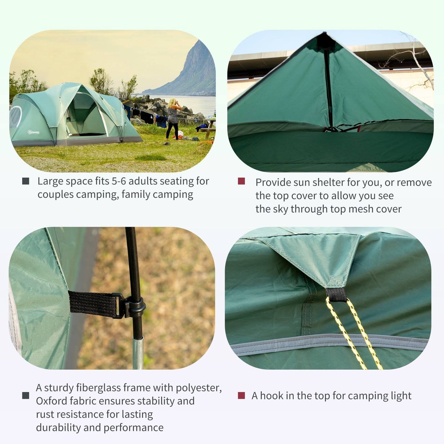 5-6 Man Dome Camping Tent Hiking Shelter UV Protection 3000mm Water Resistant Tunnel Tent - Dark Green