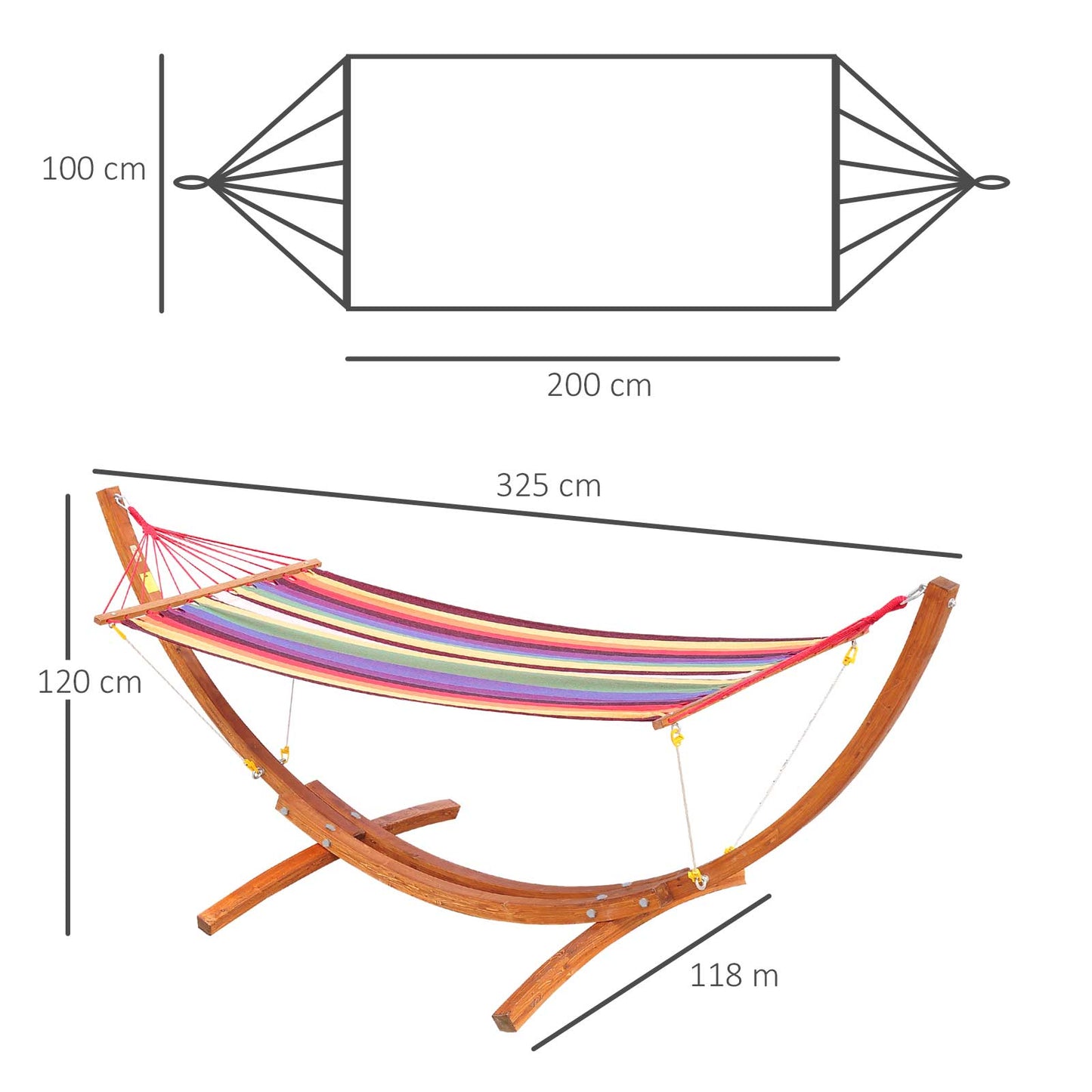 Garden Outdoor Patio Standing Frame Wooden Cotton Hammock with Arc Stand and Safe Ropes - Multi-Colour