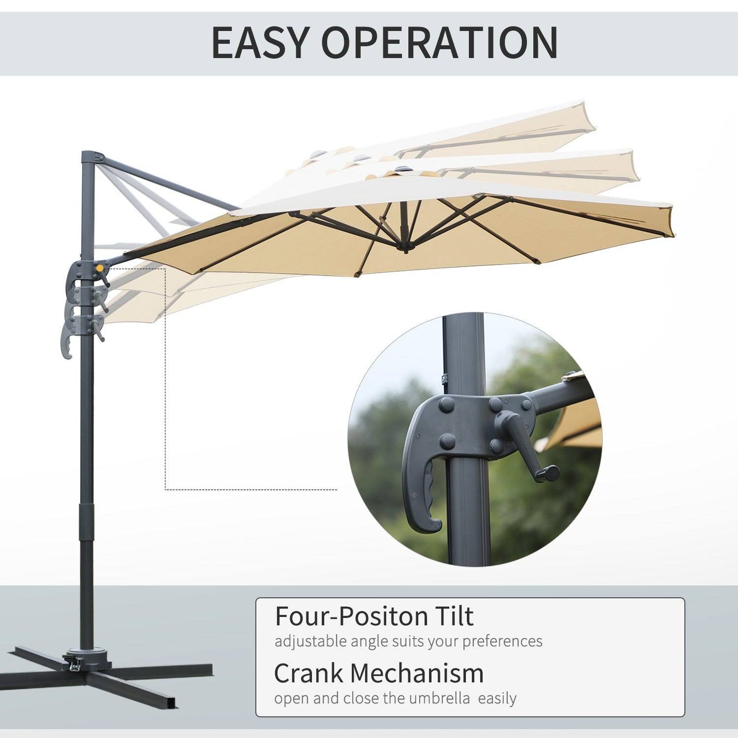Round Umbrella Parasol W/ Tilt 360° Rotation and Hand Crank Cross Base-Beige