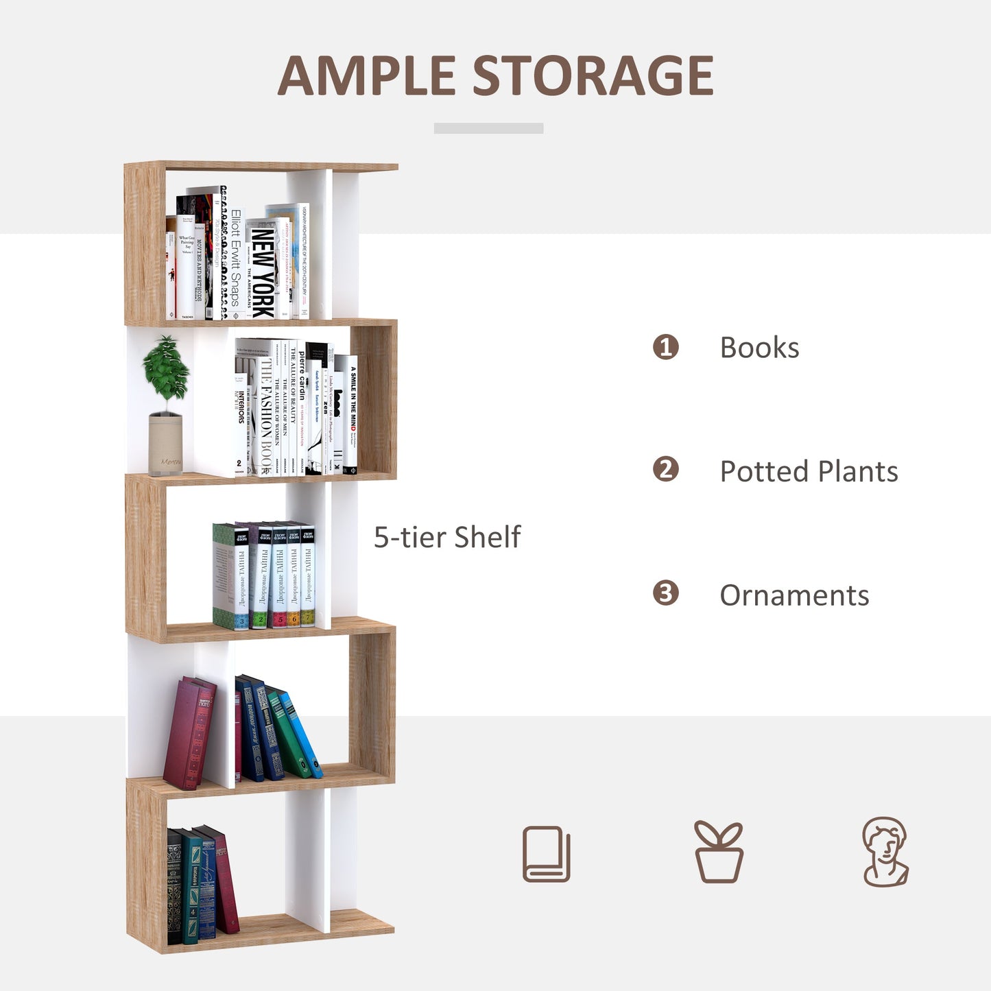 5-tier Bookcase Storage Display Shelving S Shape design Unit Divider Natural