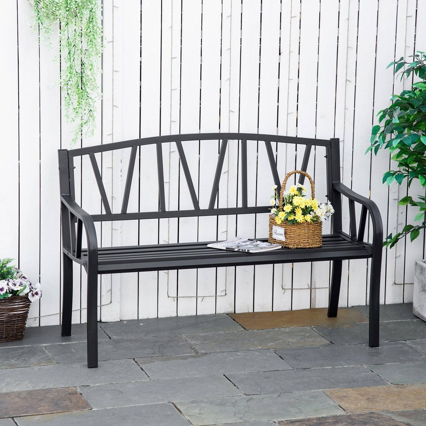 2 Seater Garden Bench Metal Loveseat w/ Decorative Backrest Ergonomic Armrest