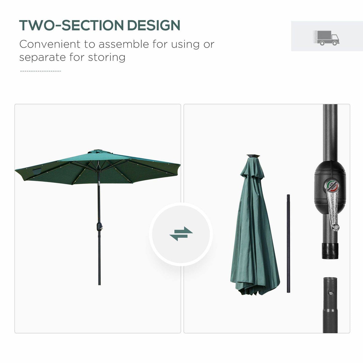 2.7m Patio LED Umbrella with Push Button Tilt/Crank 8 Rib Sun Shade Parasol