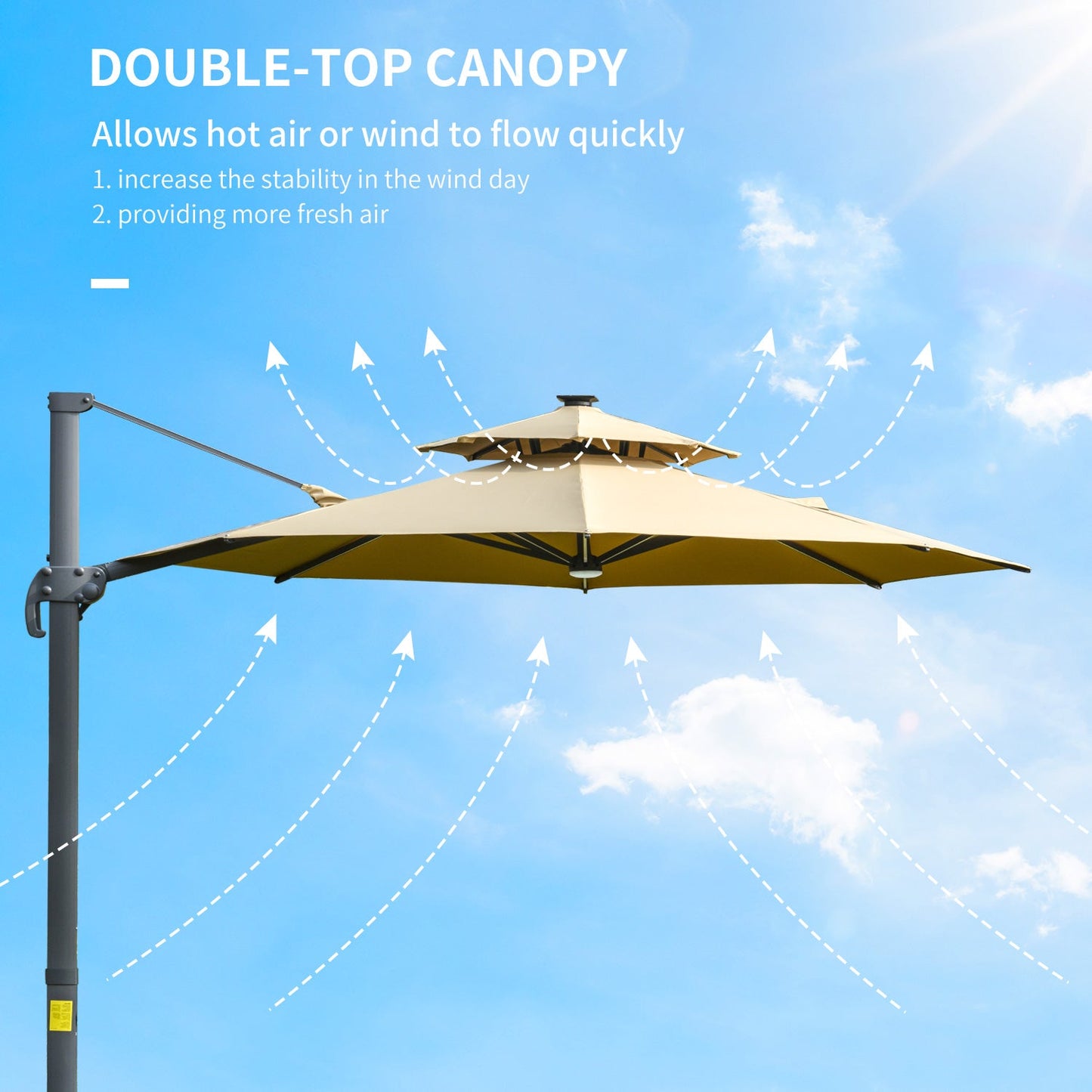 3m Cantilever Parasol w/ Solar Lights Power Bank Base 360° Spin Khaki