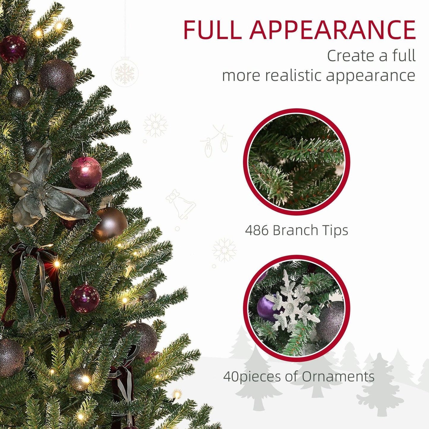 5ft Decorated Christmas Tree Artificial - Dark Green with LED Lights Warm White 486 Tips