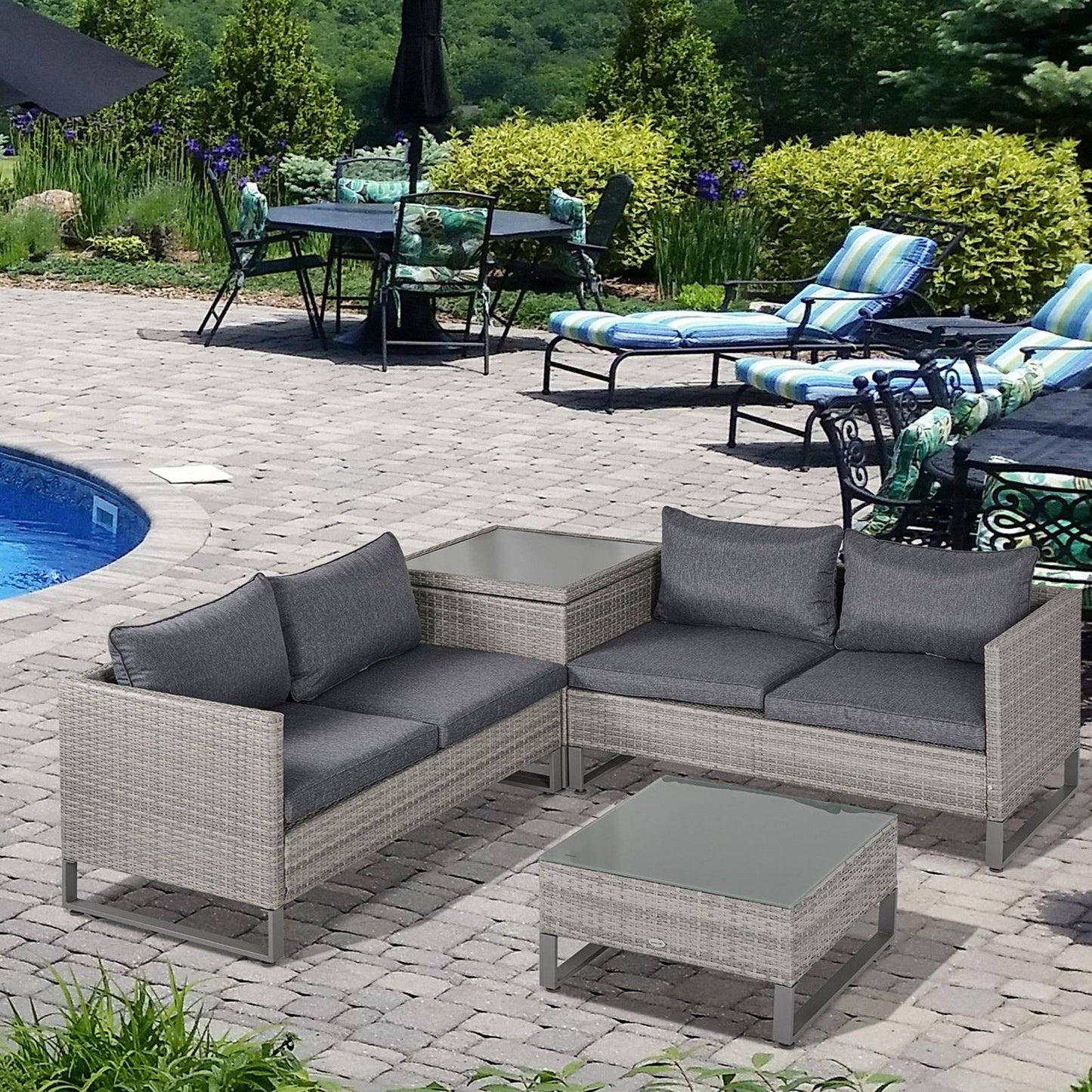 4-Piece PE Rattan Wicker Sofa Set Outdoor Conservatory Furniture Lawn Patio Coffee Table w/ Side Storage Box & Cushion