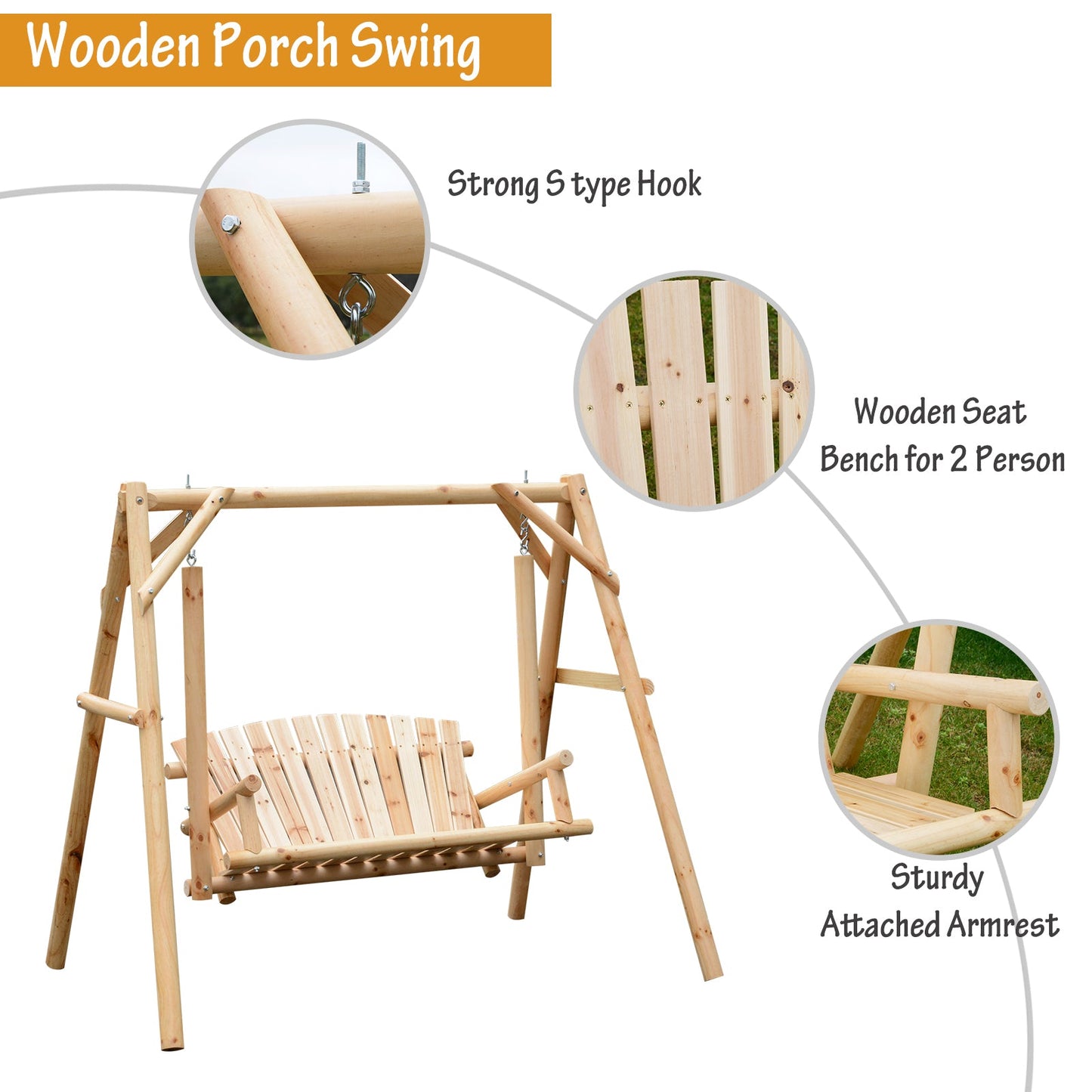 Outdoor 2 Seater Swing Chair Larch Wood Garden Swing Seat Porch Hammock Bench Lounger