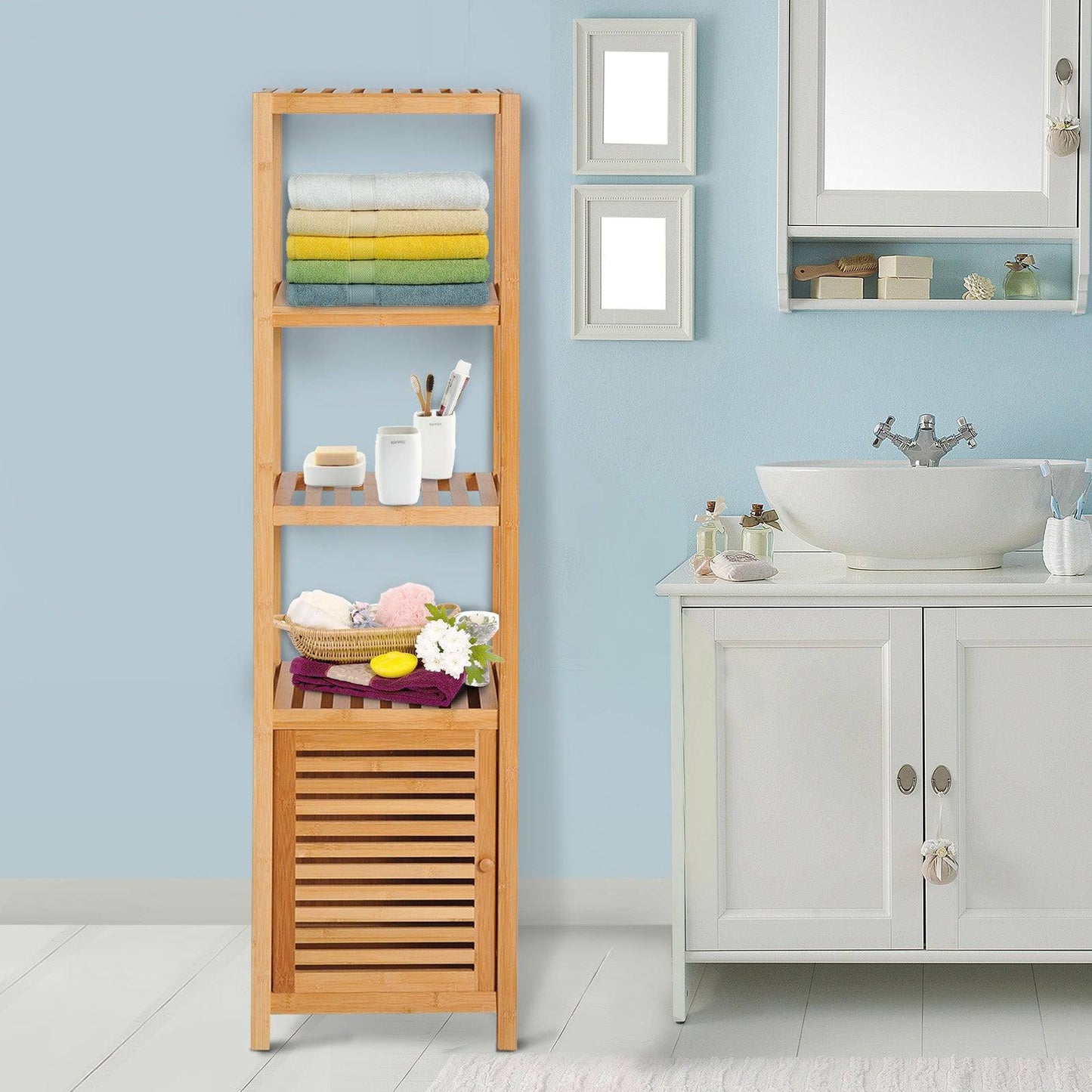5-Tier 140cm Floor Cabinet Cupboard & Three Shelf Wood Natural
