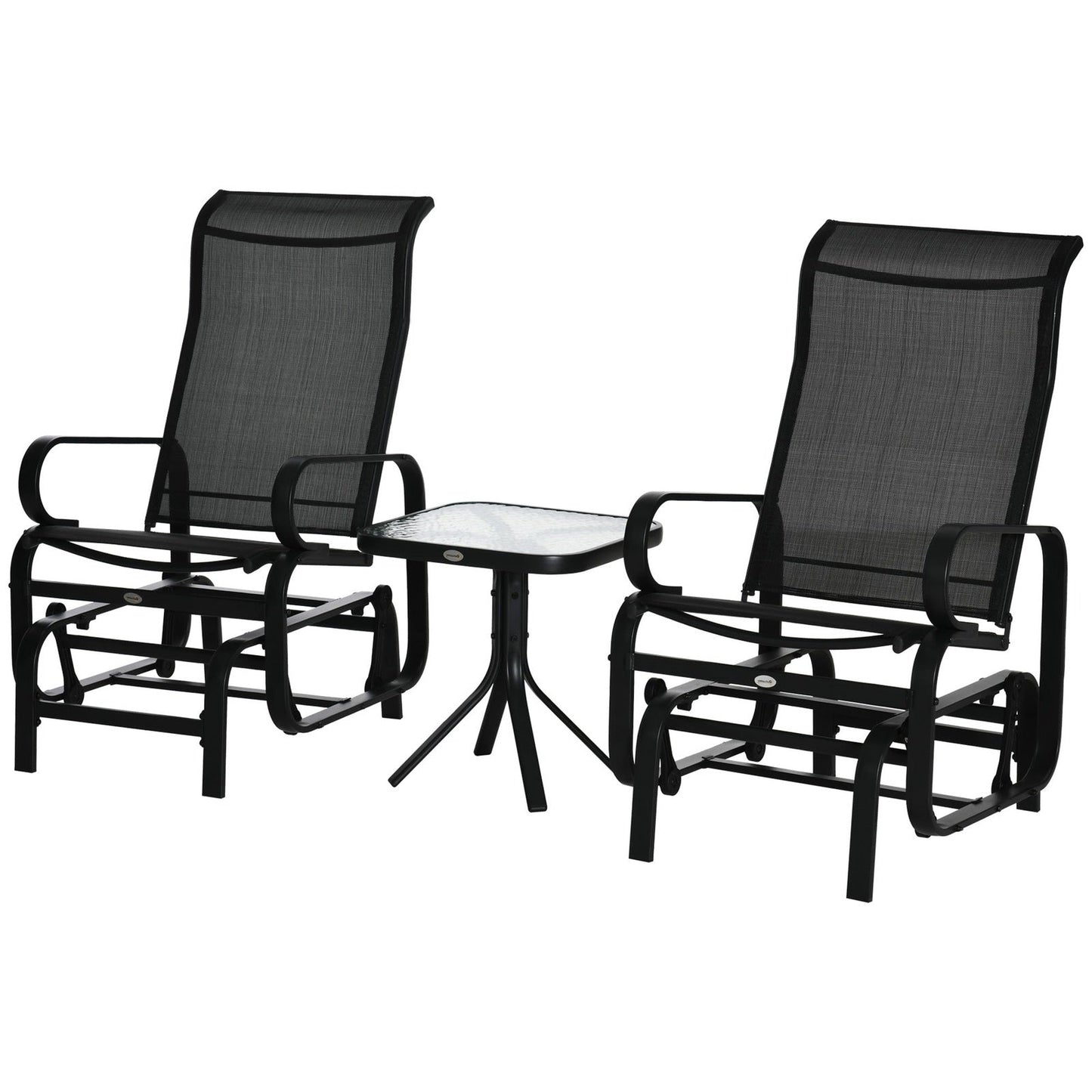 3-Piece Metal Outdoor Gliding Rocking Chair With Tea Table Patio Garden Comfortable Swing Chair Black