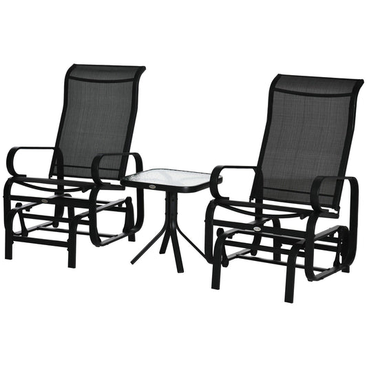 3-Piece Metal Outdoor Gliding Rocking Chair With Tea Table Patio Garden Comfortable Swing Chair Black