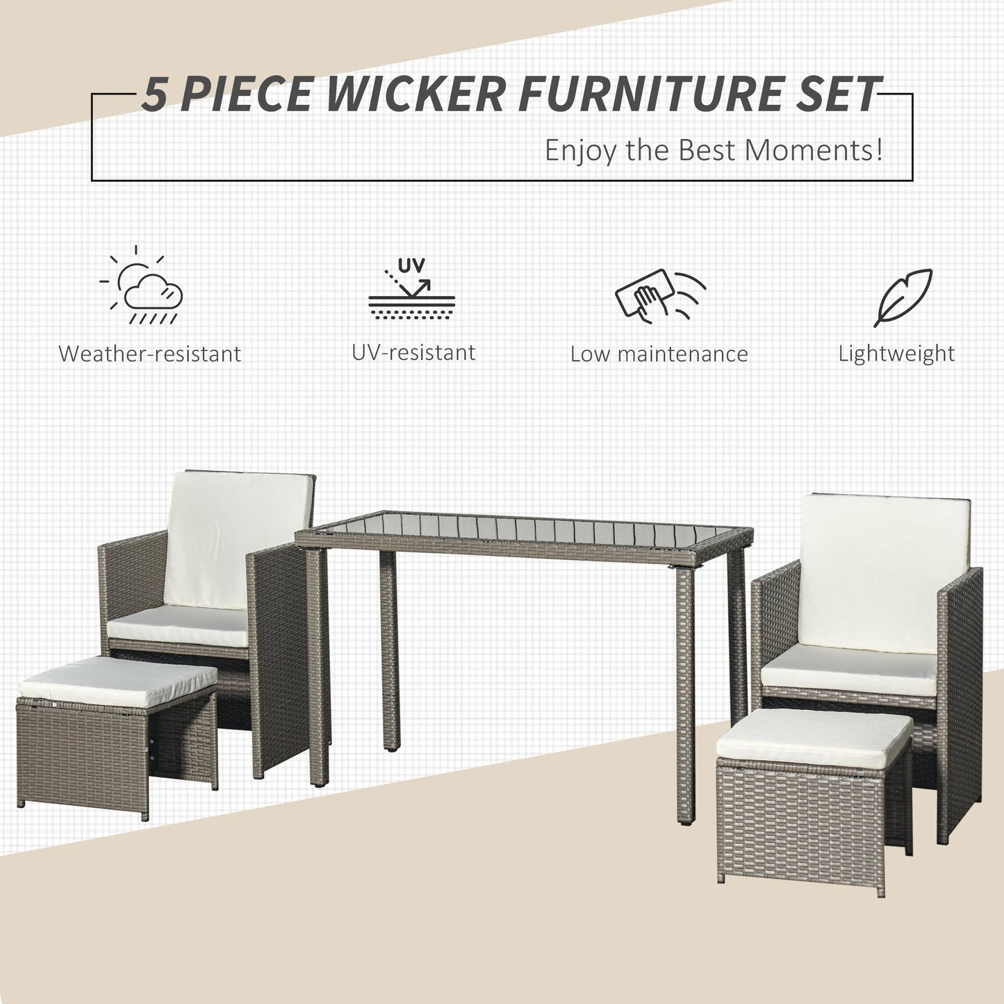 5-Pieces PE Rattan Dining Sets with Cushion