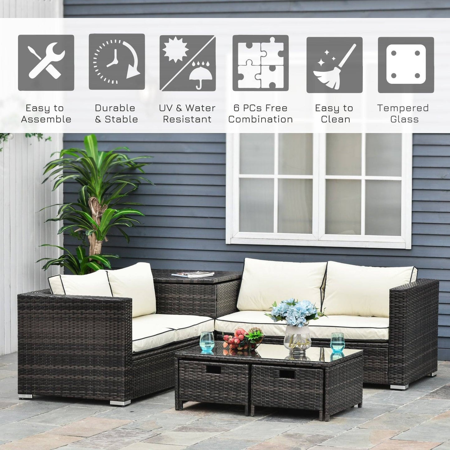 4-Piece Rattan Wicker Garden Furniture Patio Sofa Storage & Table Set w/ 2 Drawers Coffee Table