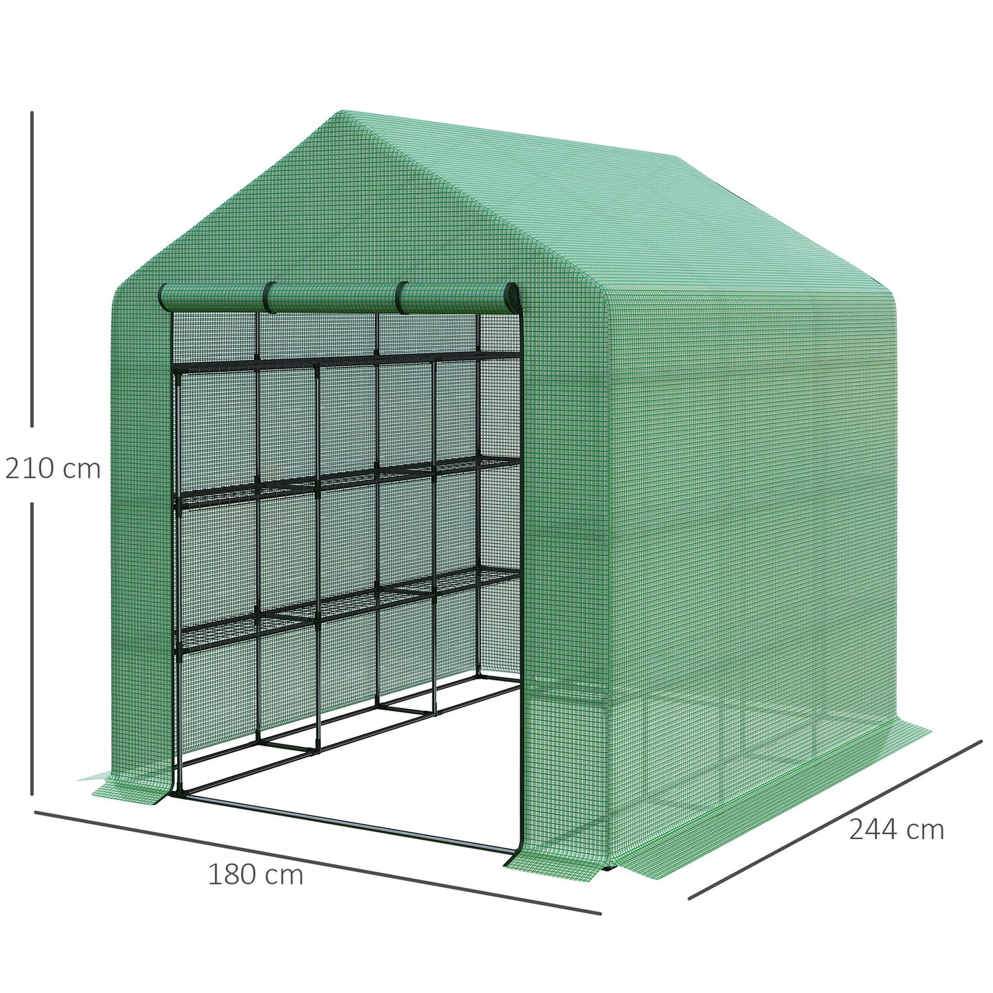 Poly Tunnel Steeple Walk in Garden Greenhouse with Removable Cover Shelves - Green 244 x 180 x 210cm