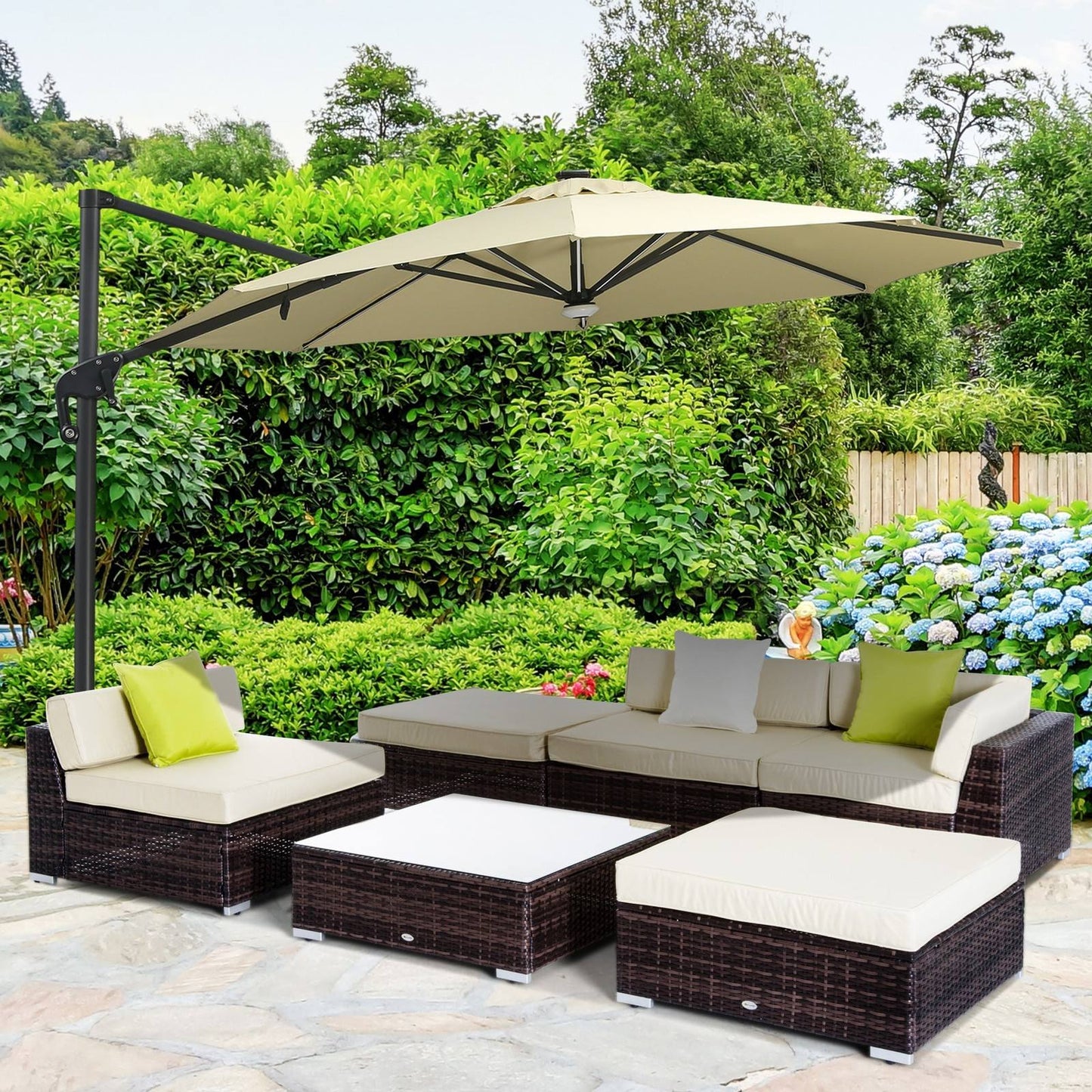 6 PC Rattan Sofa Coffee Table Set Sectional Wicker Weave Furniture for Garden Outdoor Conservatory w/ Pillow Cushion Brown