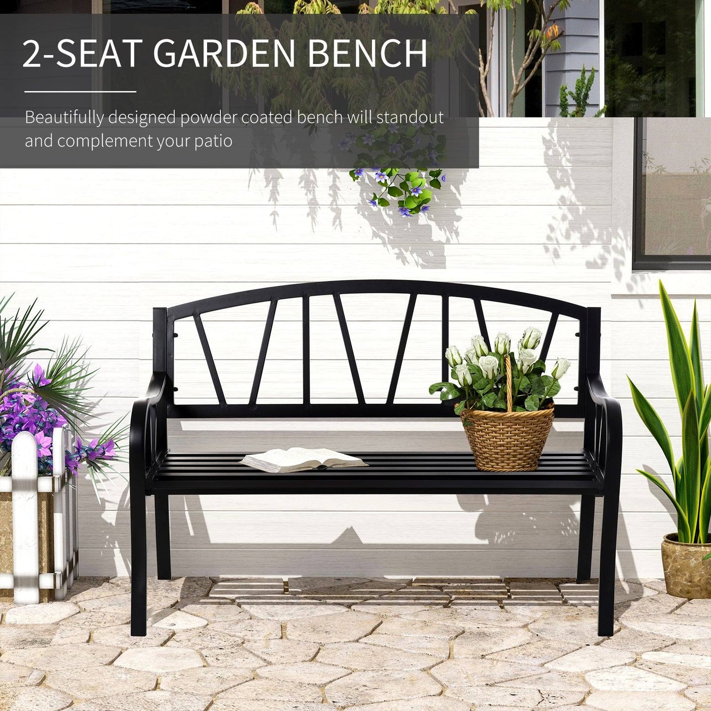 2 Seater Garden Bench Metal Loveseat w/ Decorative Backrest Ergonomic Armrest