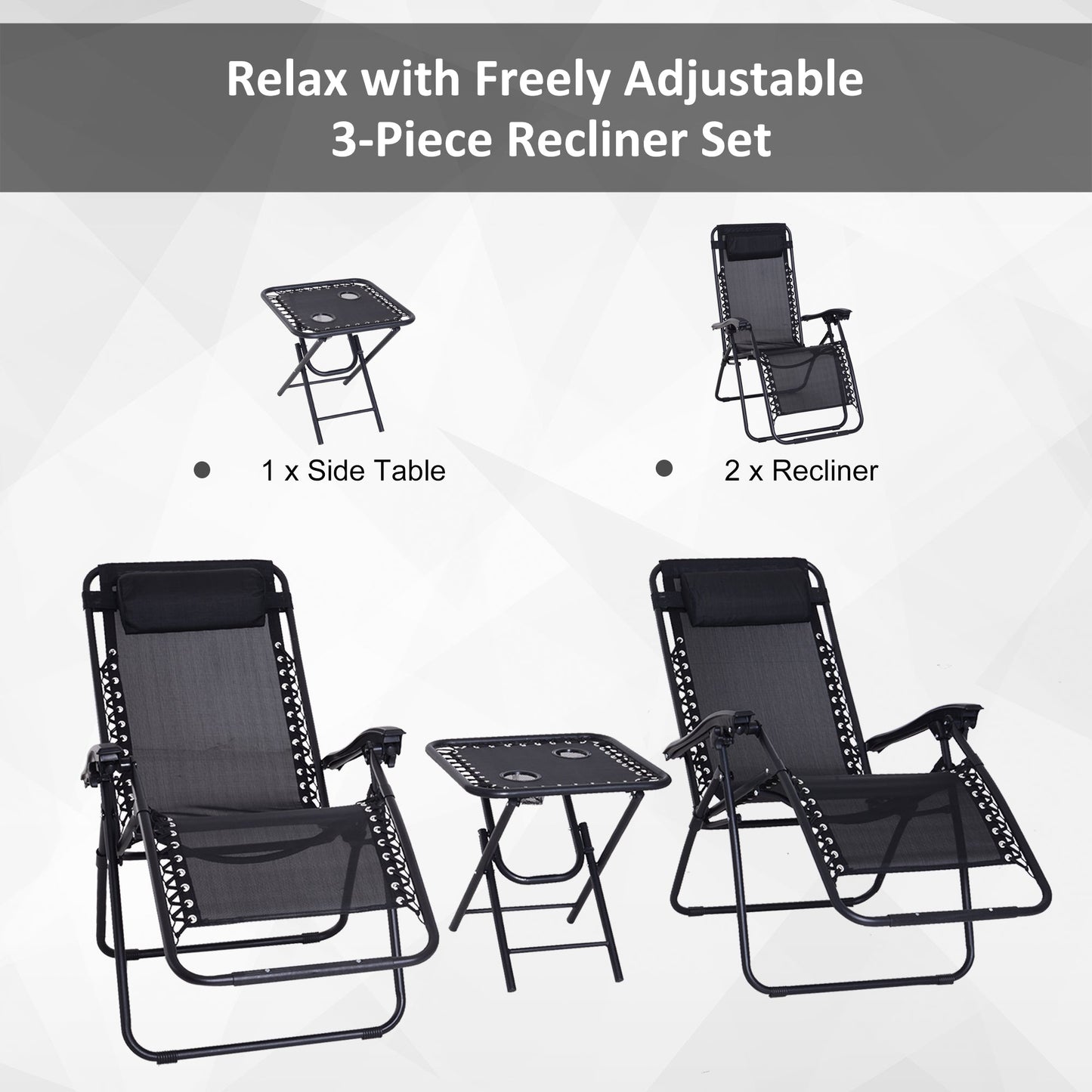 3-Piece Folding Zero Gravity Chairs Sun Lounger Table Set w/ Cup Holders Reclining Garden Yard Pool