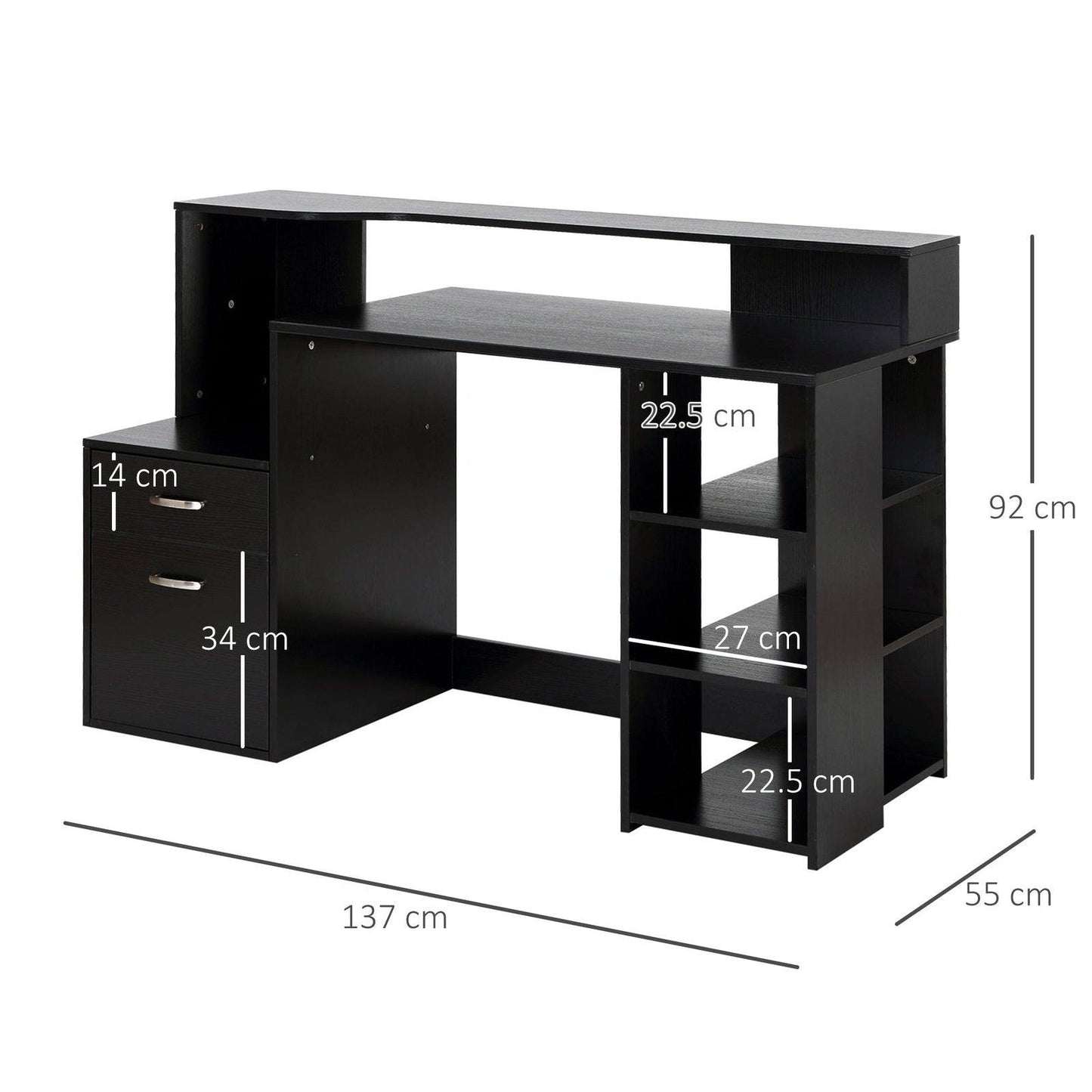 Computer Desk Study Table Modern Home Office Writing Workstation Furniture Printer Shelf Rack w/ Storage Drawer & Shelves Black