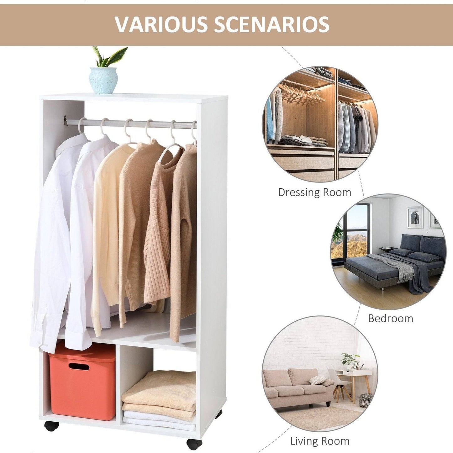 Rolling Open Wardrobe w/ Hanging Rod Storage Shelves Closet Organizer