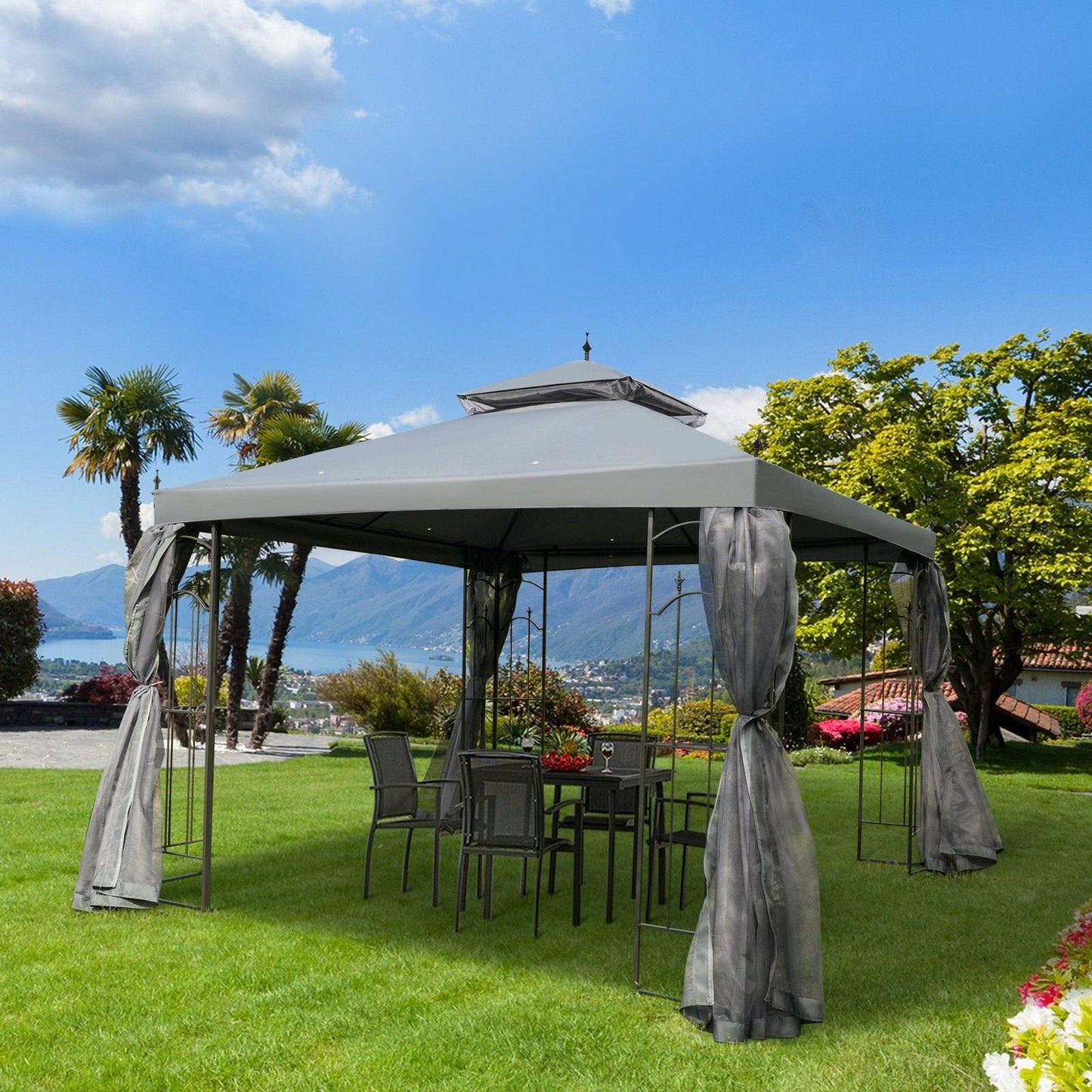3Mx3M Garden Gazebo Double Top Outdoor Canopy Patio Event Party Wedding Tent Backyard Sun Shade with Netting - Grey