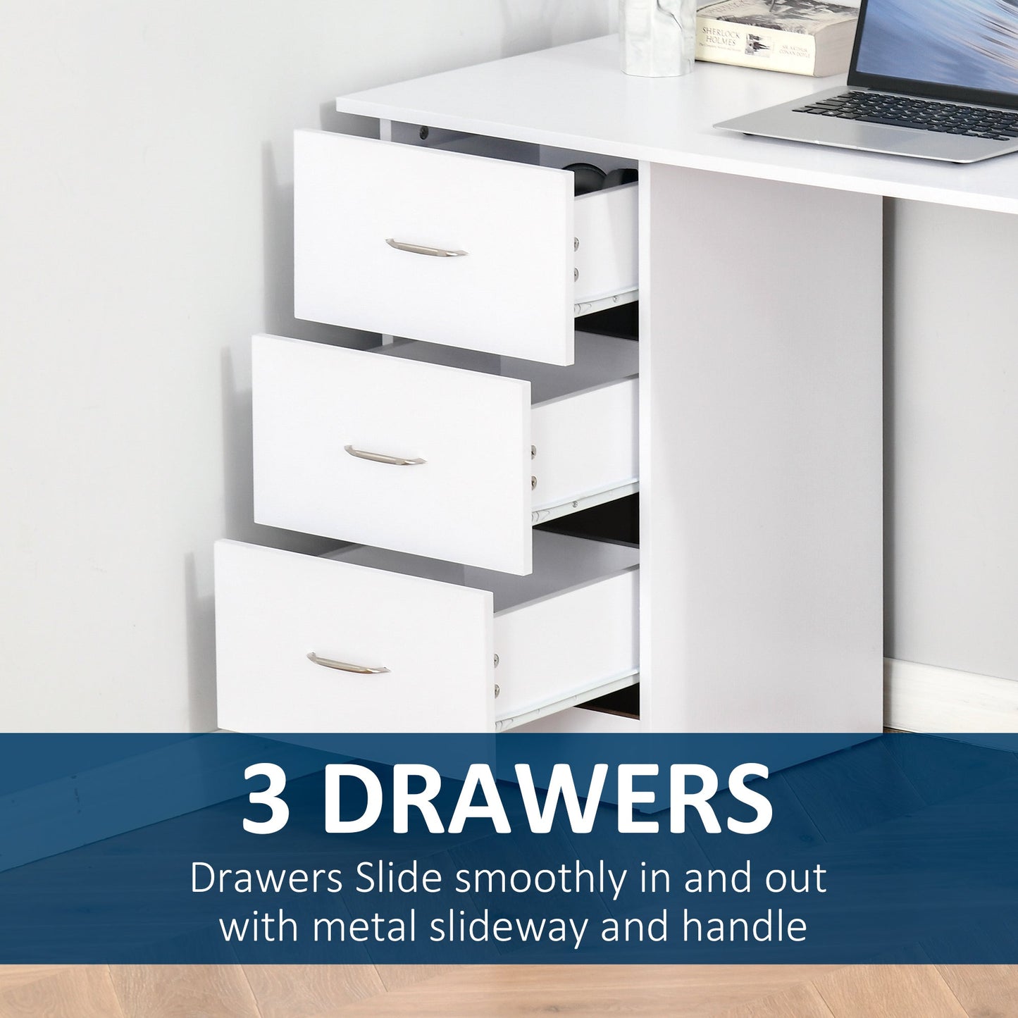 120cm Computer Desk Writing Table Pc Workstation Study Laptop Stationery With 3 Shelf & Drawers White