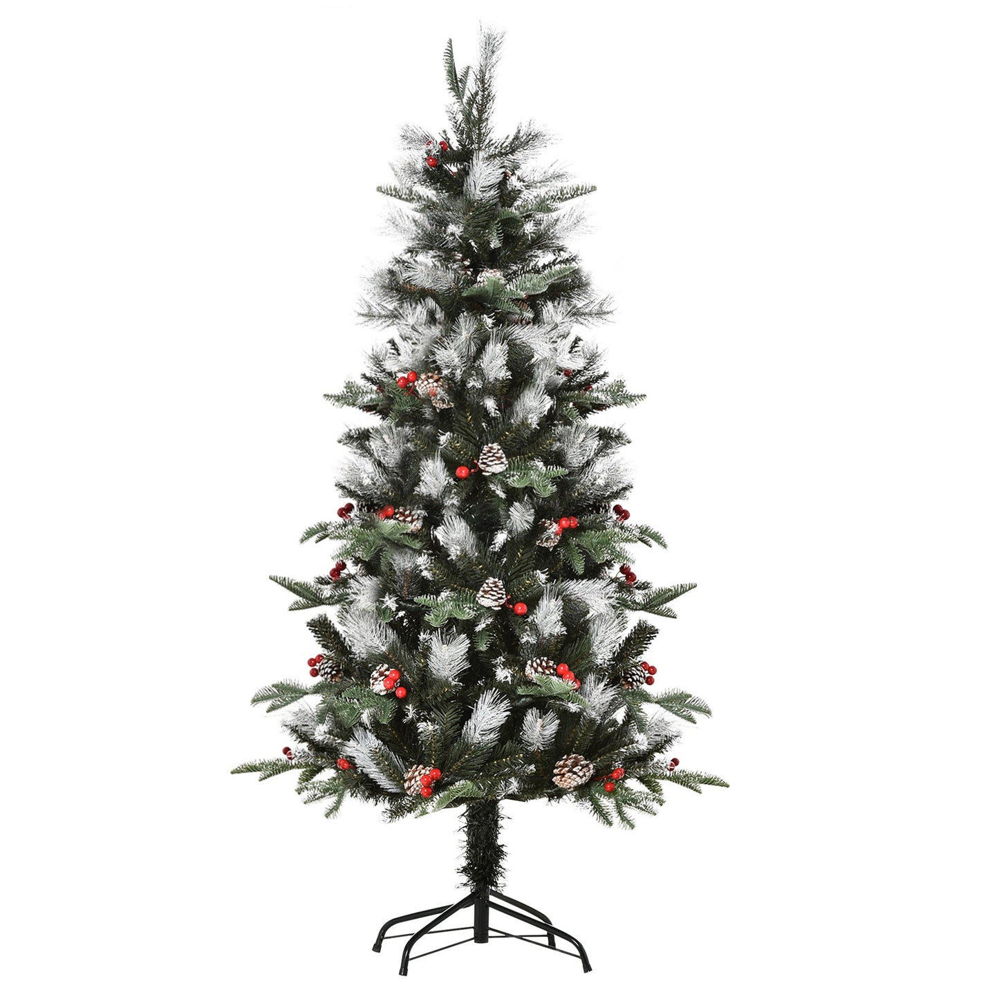 5FT Artificial Snow Dipped Christmas Tree Xmas Pencil Tree with Foldable Feet Red Berries White Pinecones