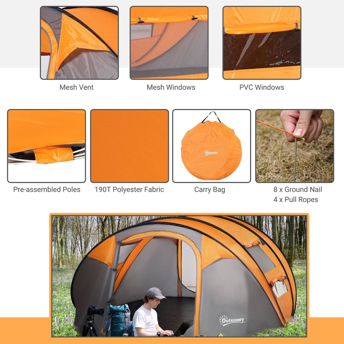 4-5 Person Pop-up Camping Tent Waterproof Family Tent w/ 2 Mesh Windows & PVC Windows Portable Carry Bag for Outdoor Trip Orange