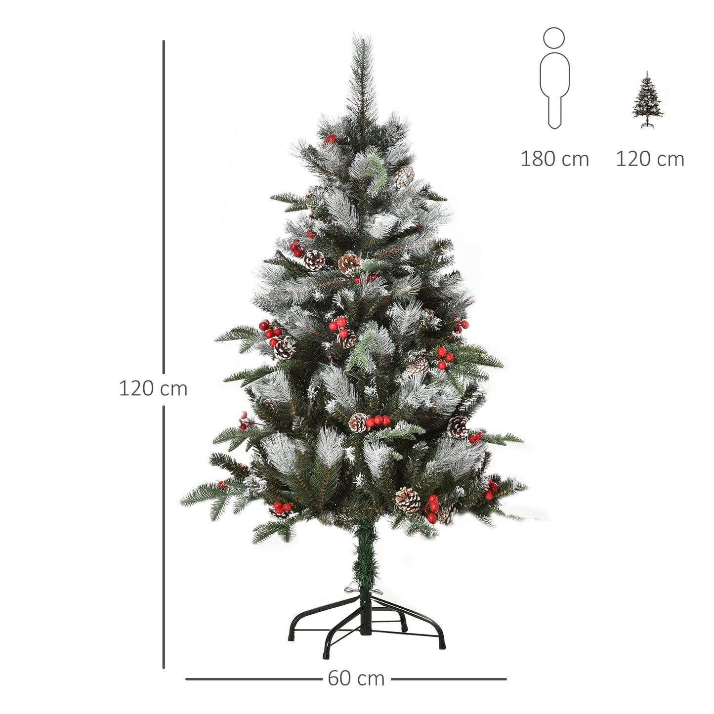 4FT Artificial Snow Dipped Christmas Tree Xmas Pencil Tree with Foldable Feet Red Berries White Pinecones
