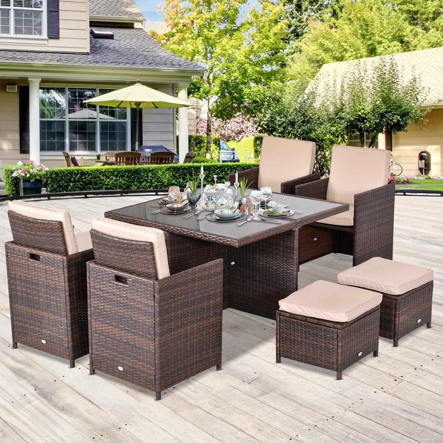 9-Pieces PE Rattan Cube Garden Furniture Set with Cushions