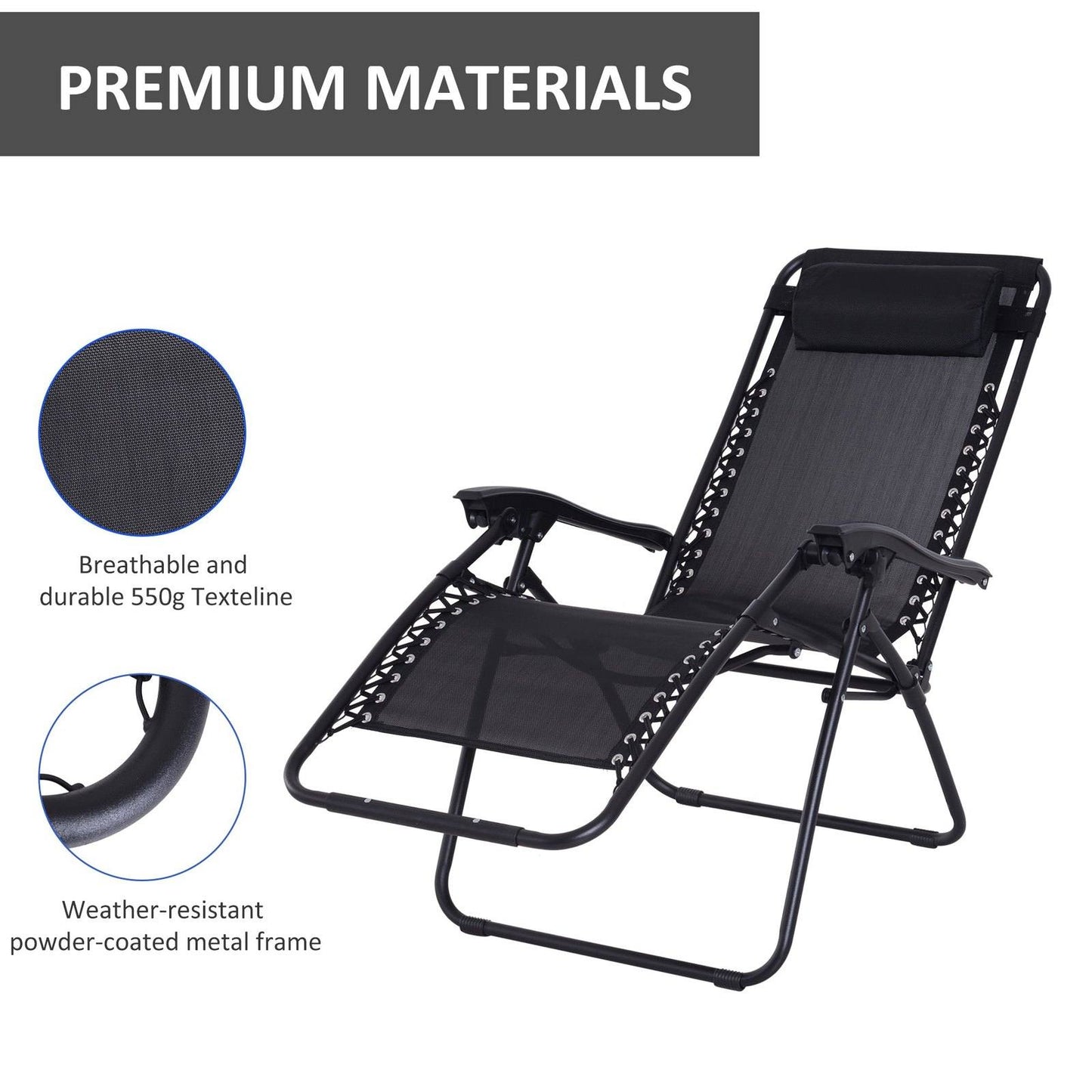 Zero Gravity Chair Metal Frame Texteline Armchair Outdoor Folding & Reclining Sun Lounger with Head Pillow for Patio Decking Gardens Camping