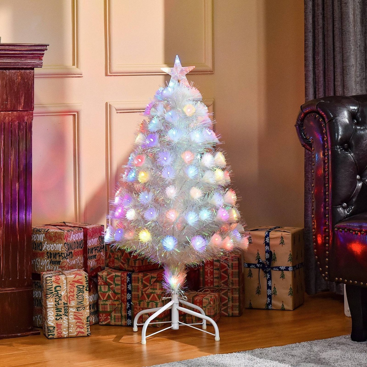 3FT Prelit Artificial Christmas Tree with Fibre Optic LED Lights Holiday Home Xmas Decoration