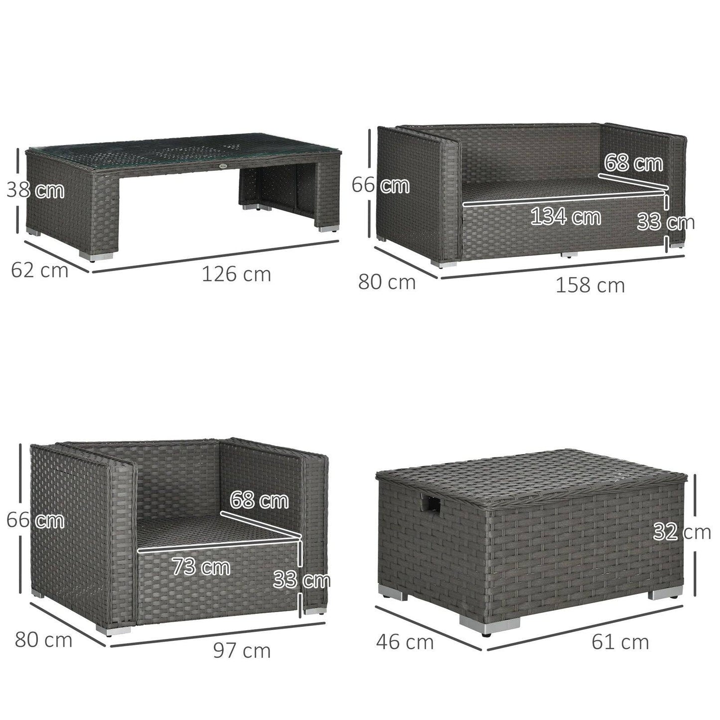 6-Piece Garden Rattan Sofa Set Bonzer Outdoor Furniture Patio Table Loveseat Stool Lounging Ottoman Aluminium Frame Wicker Weave Conservatory Grey