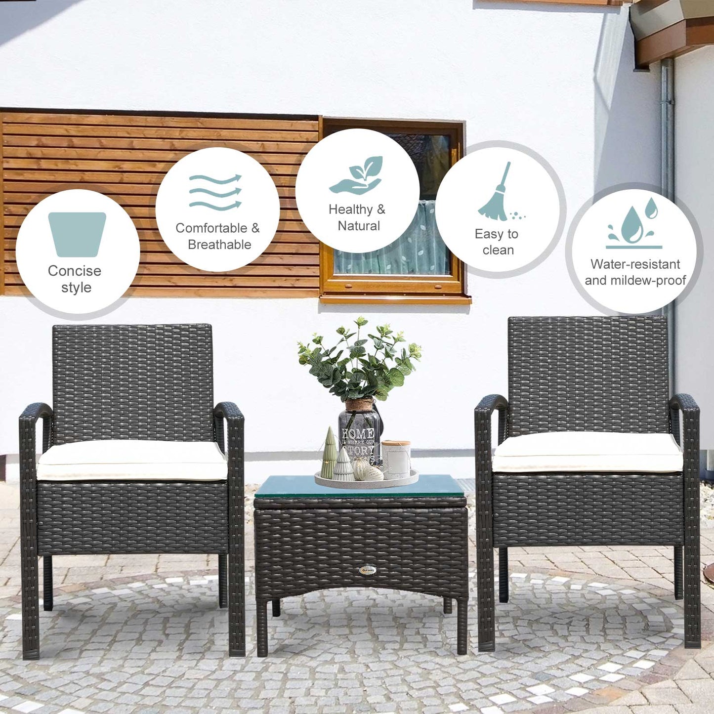 2 Seater Rattan Bistro Set Steel-Brown