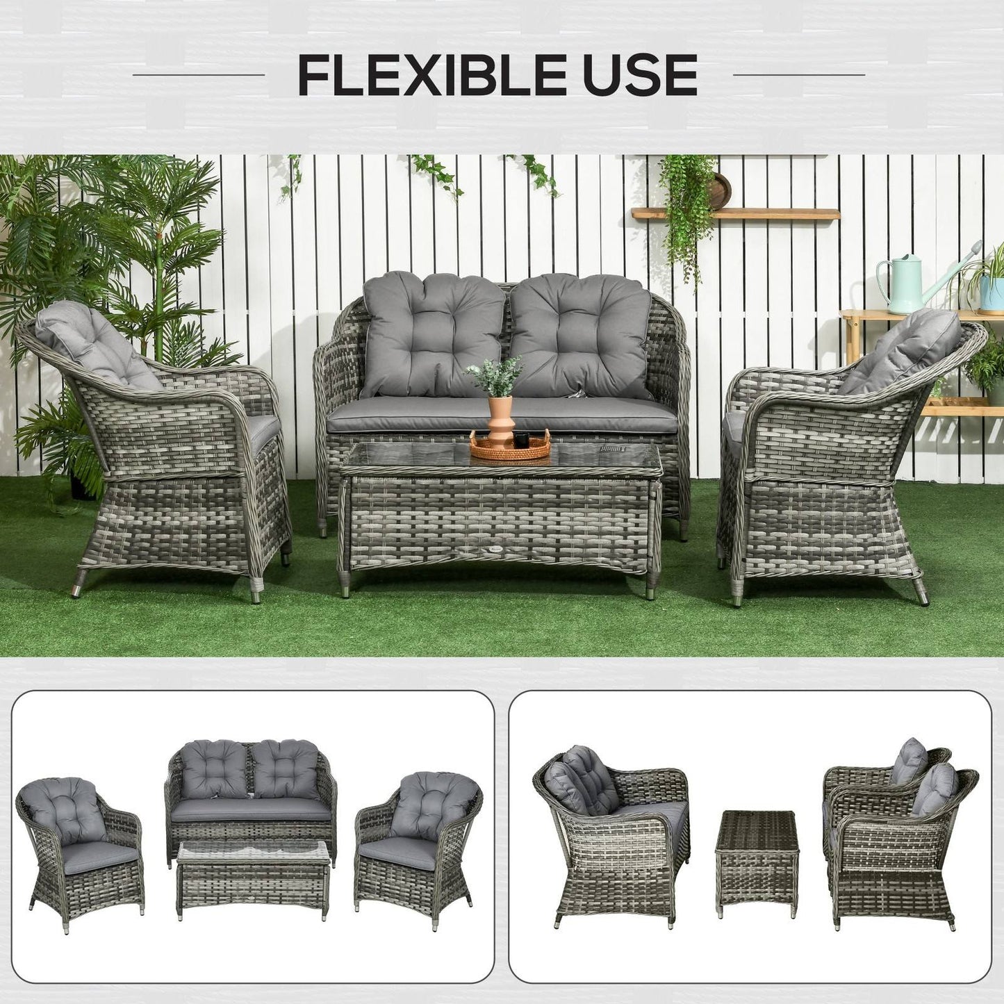 4-Pieces Outdoor PE Rattan Garden Furniture with Cushions