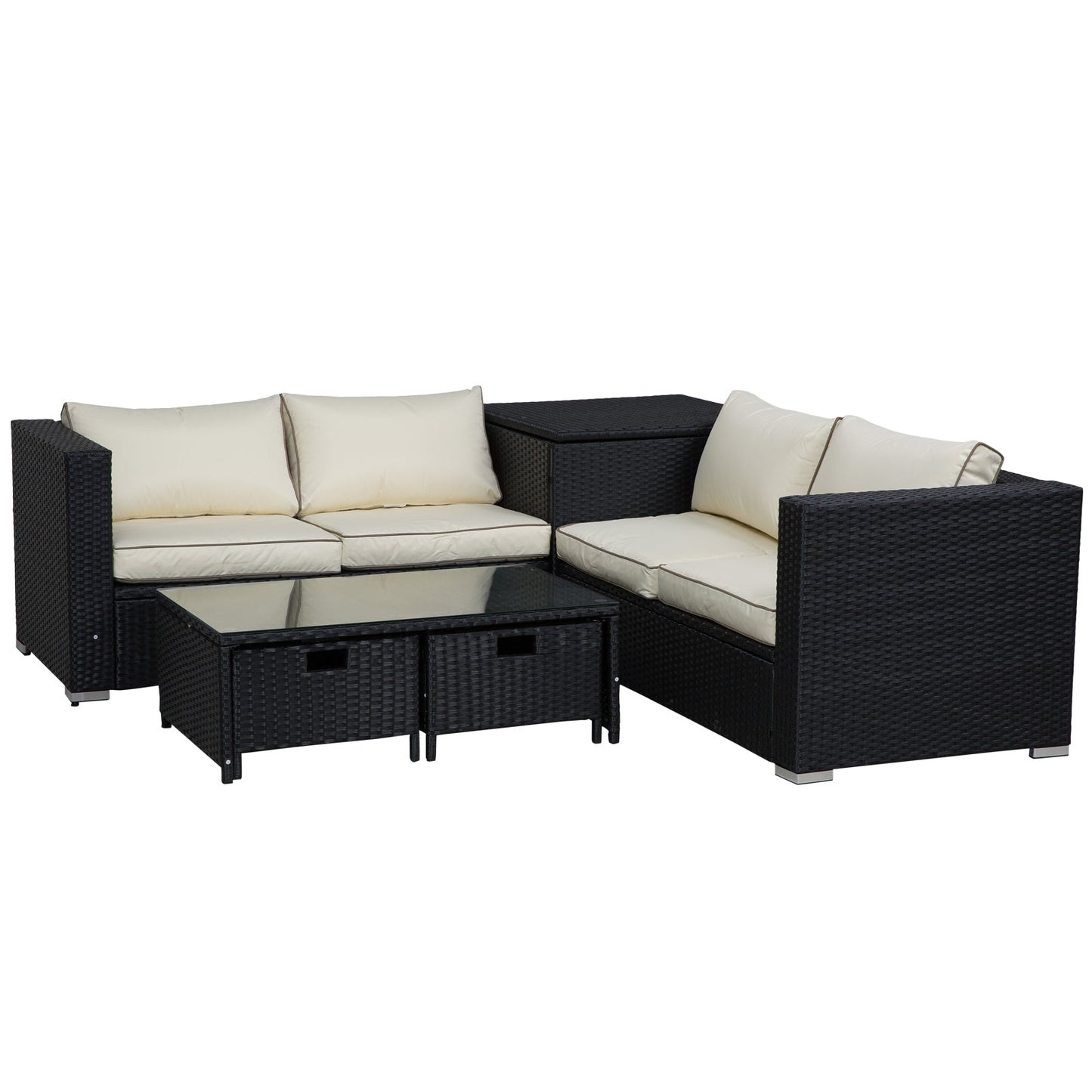4-Piece Rattan Wicker Garden Furniture Patio Sofa Storage & Table Set w/ 2 Drawers Coffee Table