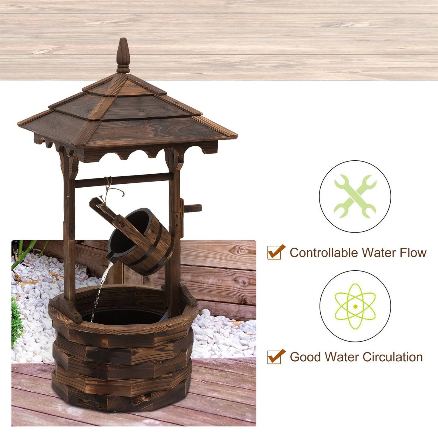 Outsunny Wooden Garden Wishing Well Fountain Barrel Waterfall Rustic Wood With Pump Garden Décor Ornament