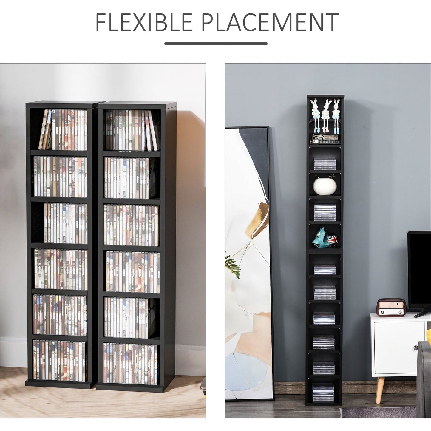Homcom Set of 2 CD Media Display Shelf Unit Tower Rack w/ Adjustable Shelves Anti-Tipping Bookcase Storage Organiser Home Office Black
