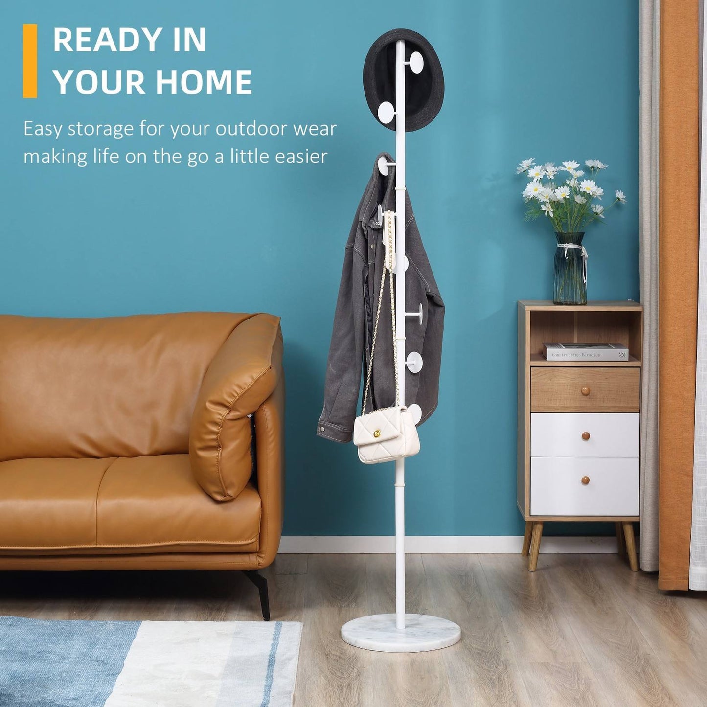 Slimline Metal Coat Stand With Round Hooks - White