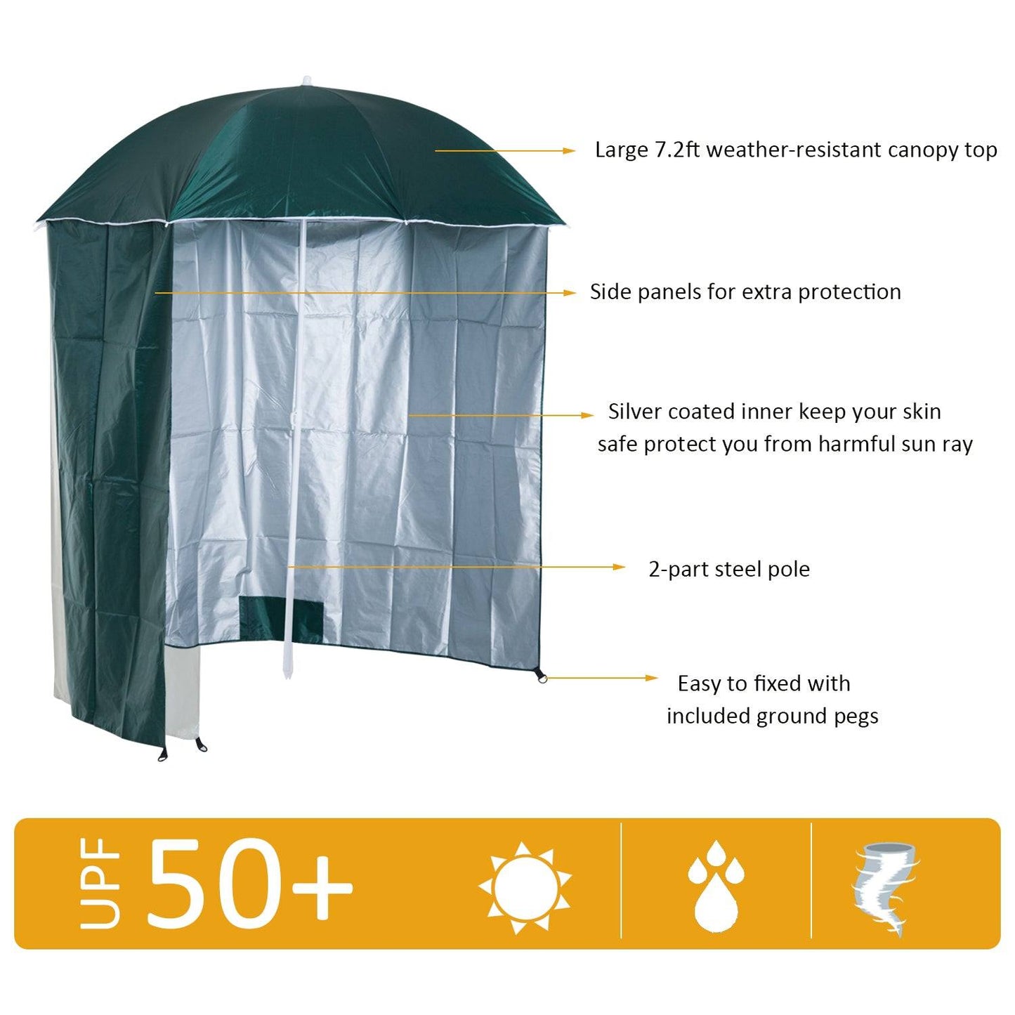 88" Arc 2.2M Fishing Umbrella Beach Parasol with Sides Brolly Shelter Canopy Shade with FREE Carry Bag Green