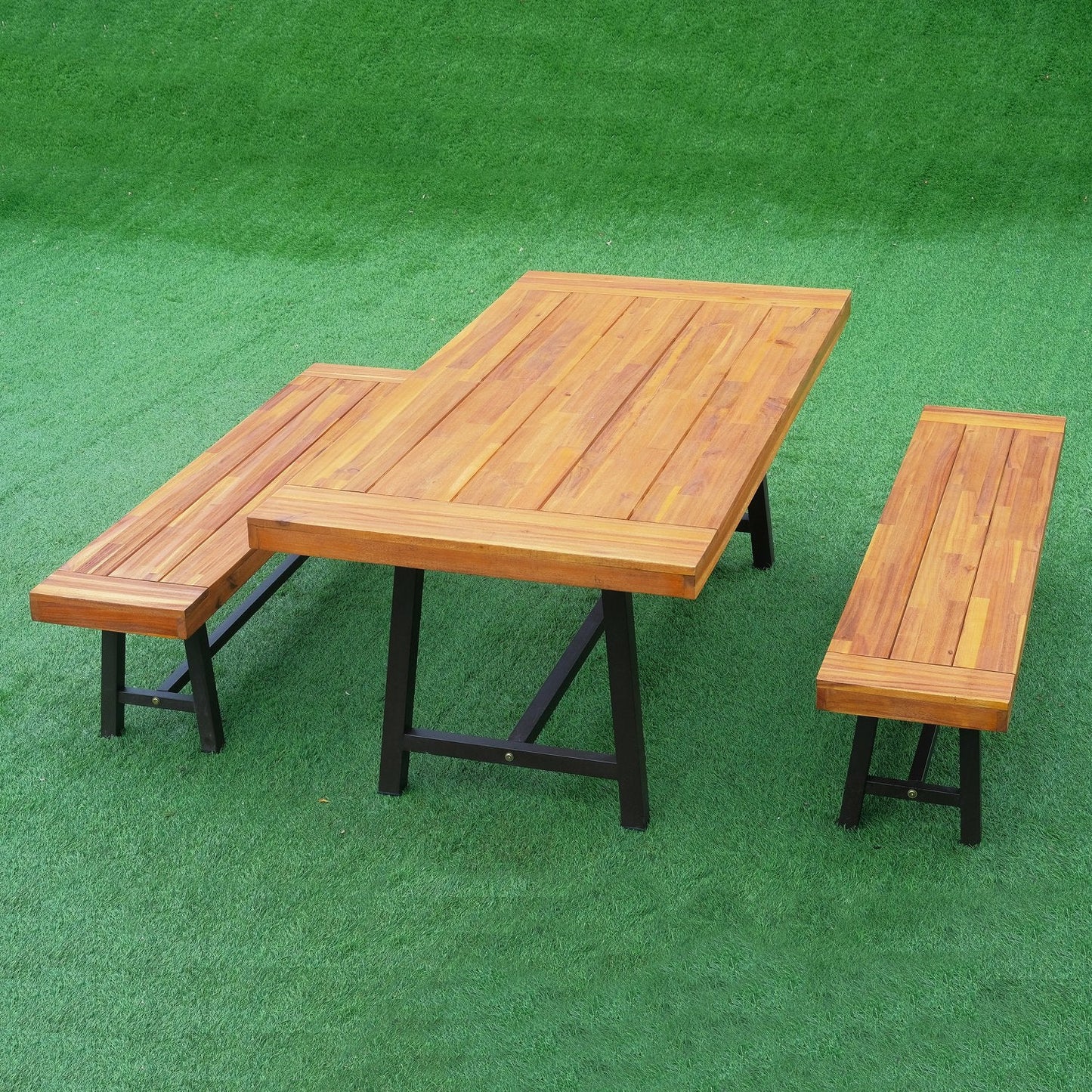 Garden 3-Pieces Acacia Wood Picnic Table and 2 Benches Set Dining Trestle Beer Table Patio Outdoor Indoor Furniture