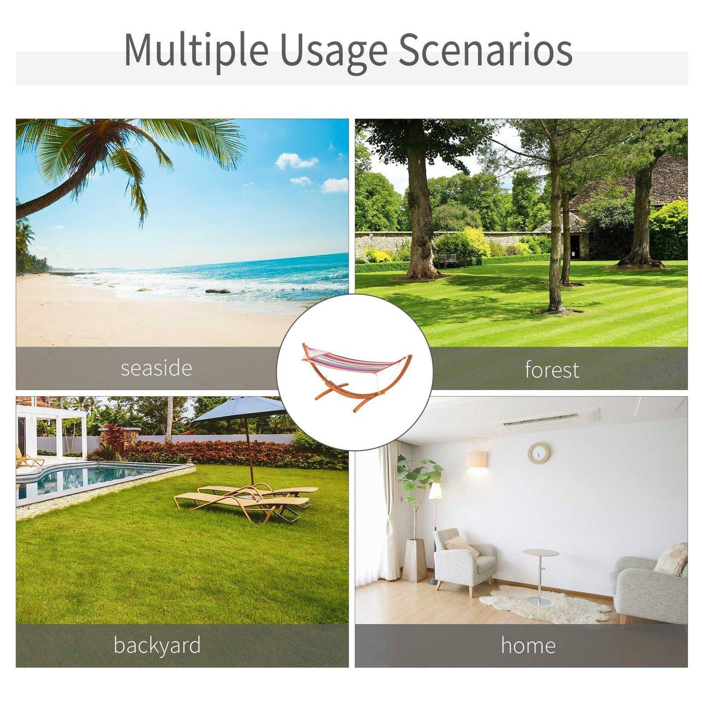 Garden Outdoor Patio Standing Frame Wooden Cotton Hammock with Arc Stand and Safe Ropes - Multi-Colour