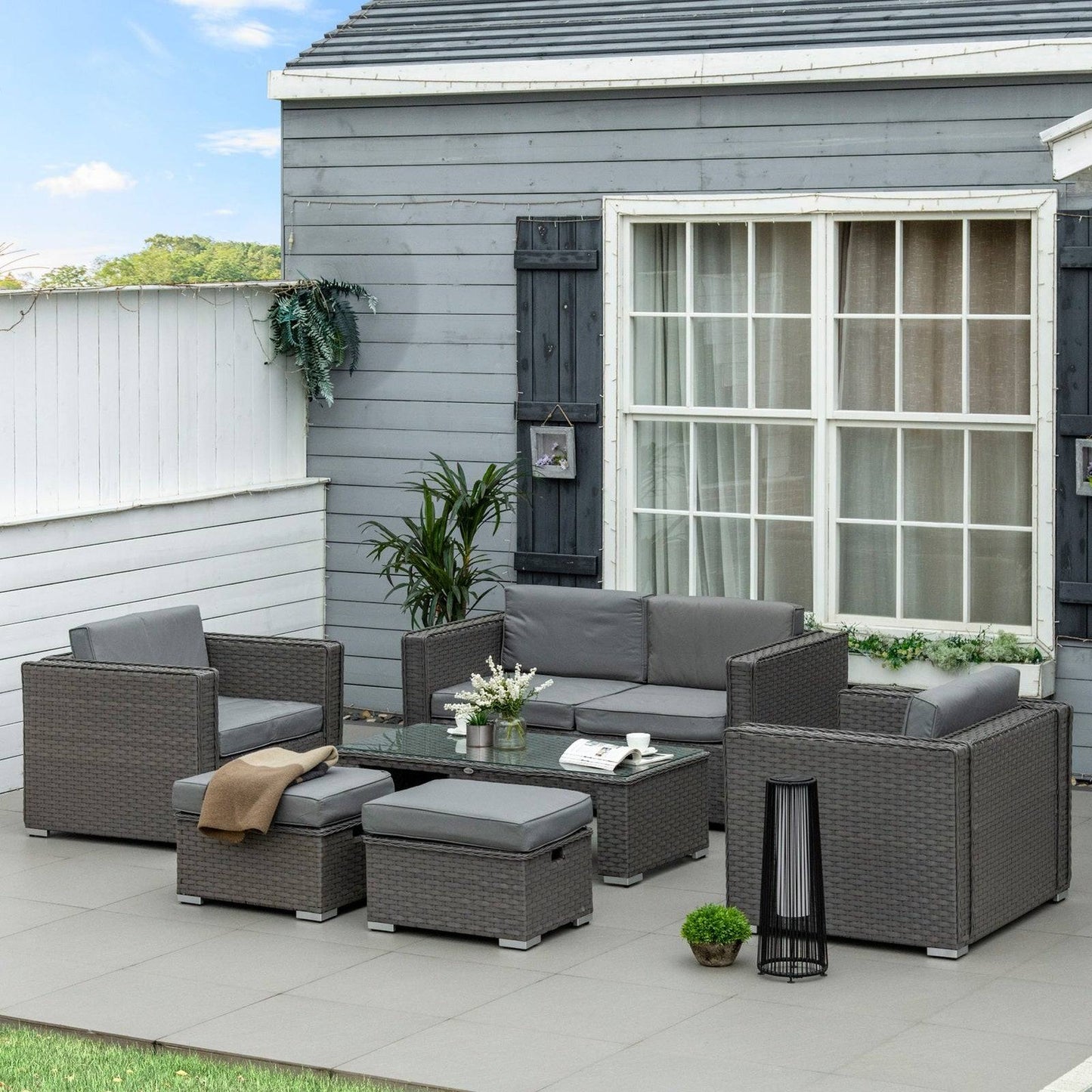 6-Piece Garden Rattan Sofa Set Bonzer Outdoor Furniture Patio Table Loveseat Stool Lounging Ottoman Aluminium Frame Wicker Weave Conservatory Grey
